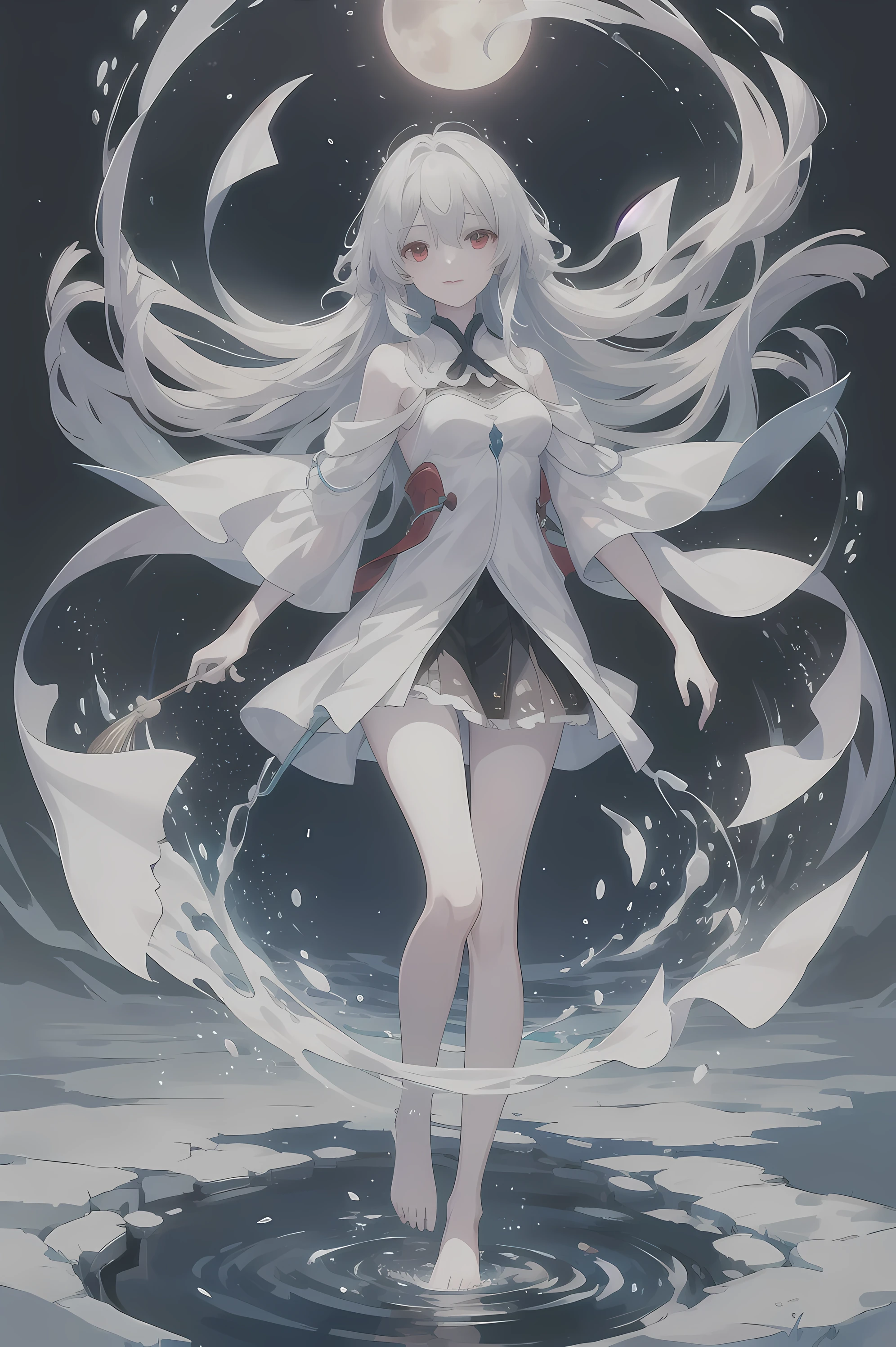 Dreamy beautiful moonlight in dark forest。View of a from above。(wet silver hair and red eyes)。smile slightly。She only wore a long transparent white cloth,It has beautiful lace trim on it。Soak the cloth in water。(splashing in the dark forest lake at night)。(Hair or clothes are wet)。splash。Wet hair。Dripping water droplets。梦幻般的萤火虫在空中float、Light also reflects from water。near method and far method。glitter effects。Dynamic composition with depth。extremely high quality、high level of image quality、extremely refined。Rare workmanship,round,Room, Strong breasts),barefoot,float,water surface,(long legs,long legs,long legs,Gestalt),full-body shot。standing posture