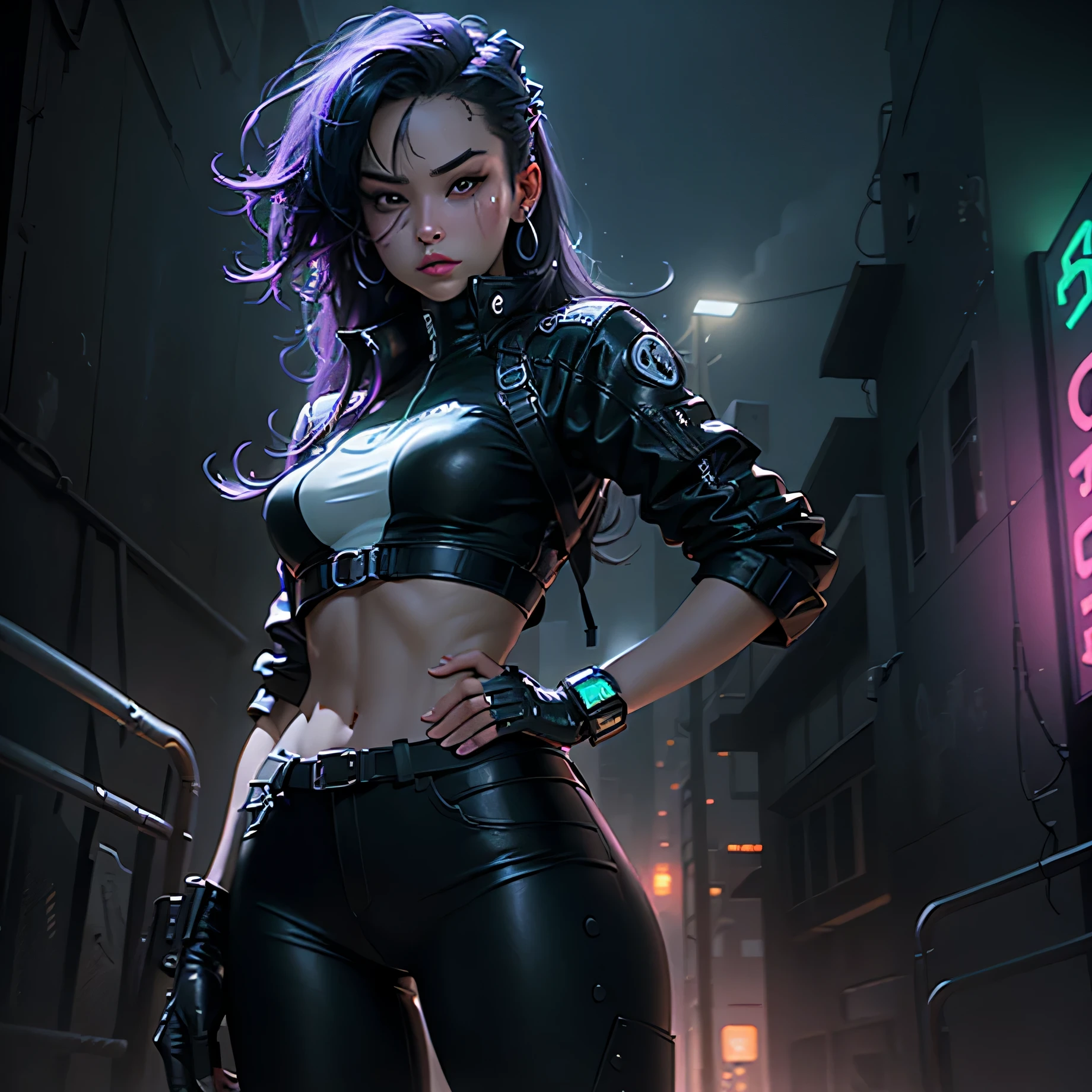 Masterpiece in Anime style, 8k resolution with best quality, long angle shot, sharp focus, and depth of field for an immersive experience. The cyberpunk theme is depicted through the neon lights and holographic advertisements in the background, casting perfect lights and long, intricate contrasting shadows. HDR is utilized to bring out the realistic skin texture of the solitary mercenary woman. Her green eyes gleam with determination and intensity beneath heavy eyeliner and a thick layer of gloss in the night scene. Dressed in a sleek tech-jacket and leather pants, she holds a high-tech katana with a firm grip as she completes her assignment against the back