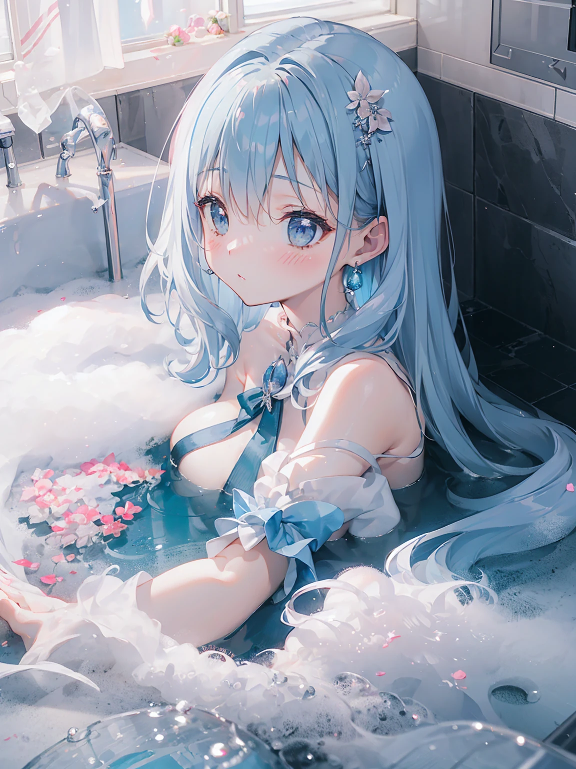 masterpiece, best quality, extremely detailed, (illustration, official art:1.1), 1 girl ,(((( light blue long hair)))), light blue hair, ,10 years old,, long hair ((blush)) , cute face, big eyes, masterpiece, best quality,(((((a very delicate and beautiful girl))))),Amazing,beautiful detailed eyes,blunt bangs((((little delicate girl)))),tareme(true beautiful:1.2), 
masterpiece, best quality, extremely detailed, anime,  solo, detailed face, from front, looking down, blush, shy,(pink steam), 
Furry White sweater、terrified face、inside in room，Soft light，Slipped bath towel，White skin of the，
Bathroom、
 She has very long wavy Light blue hair. Light blue eyes. She has earrings, long eyelashes. She has full lips,  slim waist,  breast view