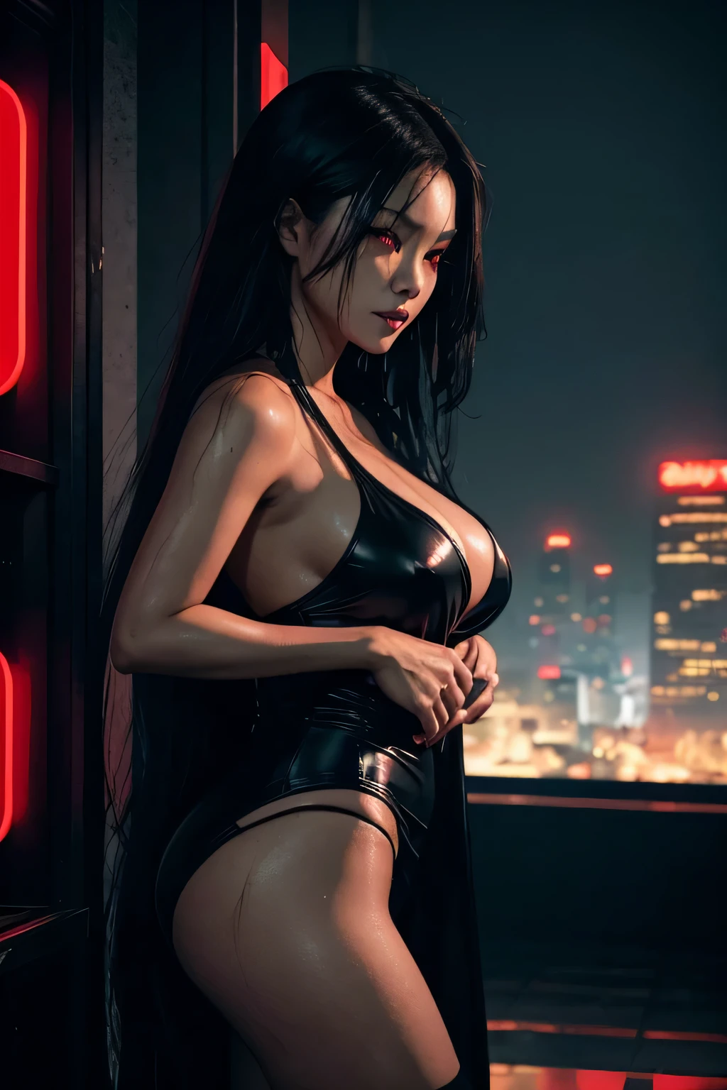 black long haired Asian woman with red pupils. gothic theme, with neon lights. sinister character. in a cyberpunk setting. looking out at a giant city of lights. fresh out the shower and wearing a towel. wet hair and body