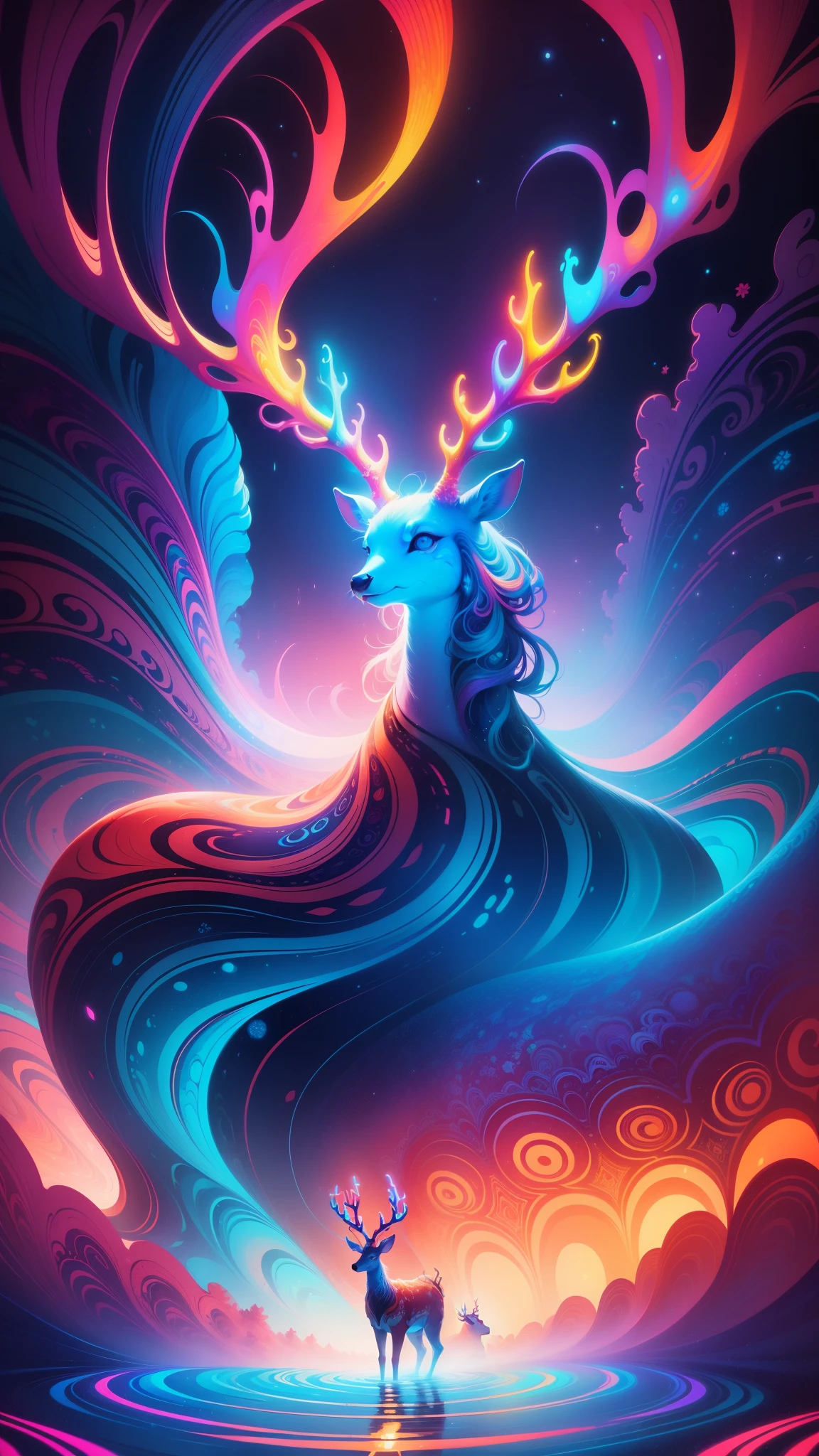 (Psychedelic painting of deer standing in front of colorful whirlpools), ((Multi-sewn large antlers, stag, Big head)), Light and shadow, Waves, Multi-layered, foreground, Distant view, fractal thunder dan mumford, Dan Mount Ford and Alex Gray style, psychedelic surreal art, surreal psychedelic design, Fantasy art style, Illusion psychedelic art, Infinite psychedelic waves, Inspired by Cyril Rolando, True corrugated structure, Psychedelic art style, trippy art, psychedelic illustrations，Bio-luminescence, vibrant, Colourful, Color, (Glowing, Glow), (Beautiful composition), Cinematic lighting, Intricate, (Symmetrical:0.5), Whimsical,