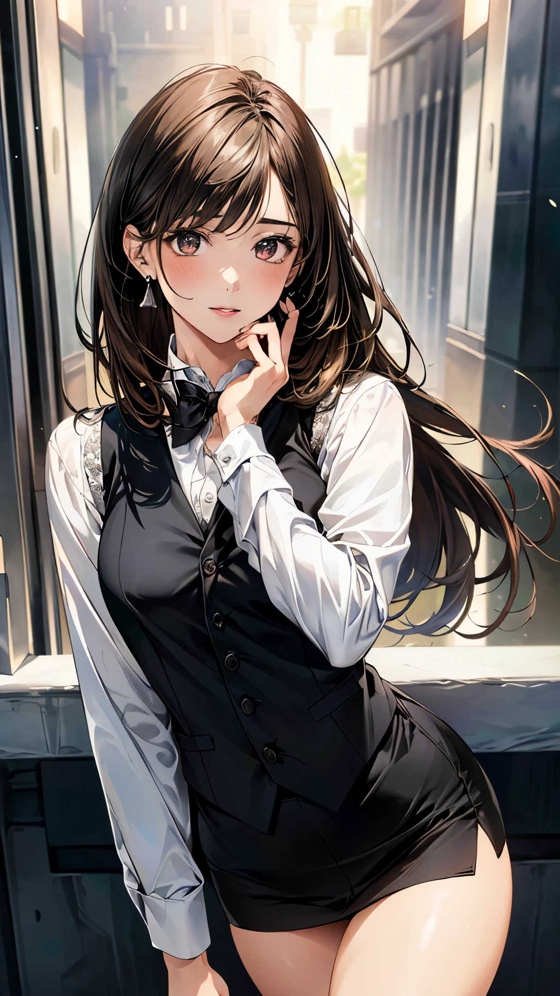 (masterpiece:1.3, top-quality, ultra high res, ultra detailed), (realistic, photorealistic:1.4), beautiful illustration, perfect lighting, natural lighting, colorful, depth of fields,
beautiful detailed hair, beautiful detailed face, beautiful detailed eyes, beautiful clavicle, beautiful body, beautiful chest, beautiful thigh, beautiful legs, beautiful fingers,
looking at viewer, (face focus, upper body), 1 girl, japanese, high school girl, perfect face, (perfect anatomy, anatomically correct), cute and symmetrical face, face, , shiny skin,
(long hair:1.4, straight hair:1.7, light brown hair,), long eye lasher, (medium breasts:1.6, tight butt, seductive thighs), slender,
(((long sleeve white shirt, black suit vest:1.4, black skinny miniskirt:1.4, a black bowtie, ), thighs are shiny, pink perspective, very sexy, crotch, seductive thighs, camel toe)), earrings,
(beautiful scenery), office, permanent, skirt lift by yourself, ,