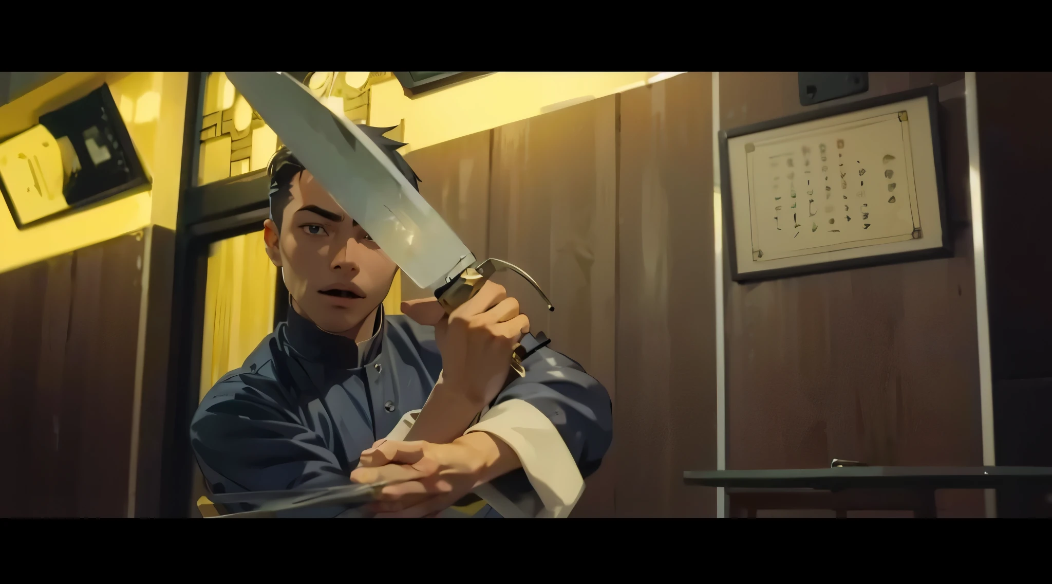 Best quality, very detailed, background matches the picture, anime boy, holding a knife, anime face, handsome