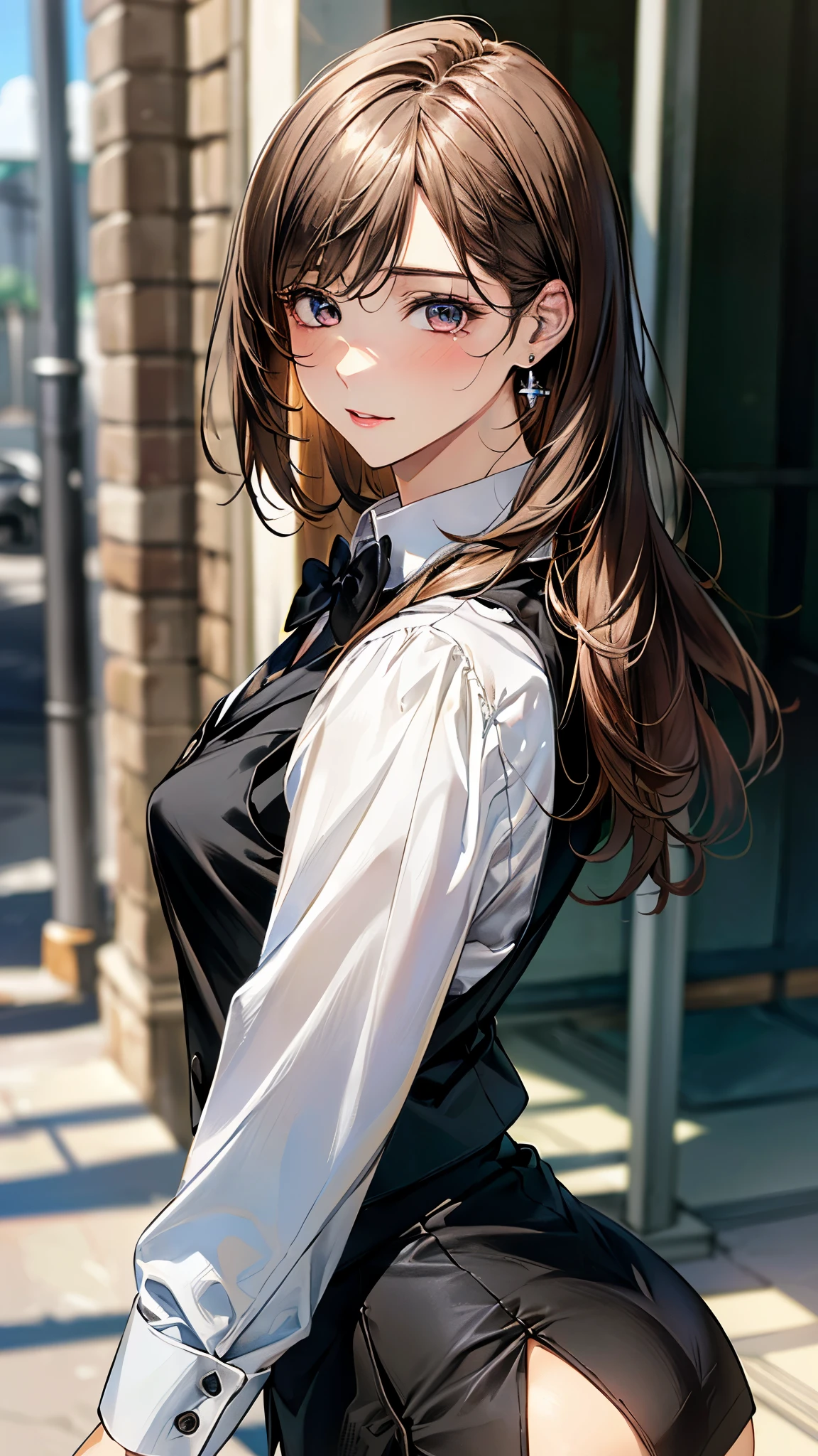 (masterpiece:1.3, top-quality, ultra high res, ultra detailed), (realistic, photorealistic:1.4), beautiful illustration, perfect lighting, natural lighting, colorful, depth of fields,
beautiful detailed hair, beautiful detailed face, beautiful detailed eyes, beautiful clavicle, beautiful body, beautiful chest, beautiful thigh, beautiful legs, beautiful fingers,
looking at viewer, (face focus, upper body), 1 girl, japanese, high school girl, perfect face, (perfect anatomy, anatomically correct), cute and symmetrical face, babyface, , shiny skin,
(long hair:1.4, straight hair:1.7, light brown hair,), long eye lasher, (medium breasts:1.6, tight butt, seductive thighs), slender,
(((long sleeve white shirt, black suit vest:1.4, black skinny miniskirt:1.4, a black bowtie, ), thighs are shiny, pink perspective, very sexy, crotch, seductive thighs, camel toe)), earrings,
(beautiful scenery), office, permanent, skirt lift by yourself, ,