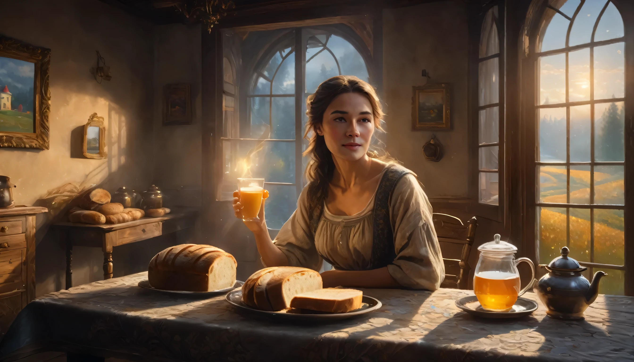 (best quality,4k,8k,highres,masterpiece:1.2), ultra-detailed, cozy room, bread, honey, milk, tea, woman sitting at table, drinking milk, light from windows, detailed scene, Midjourney effect, Russian painter style