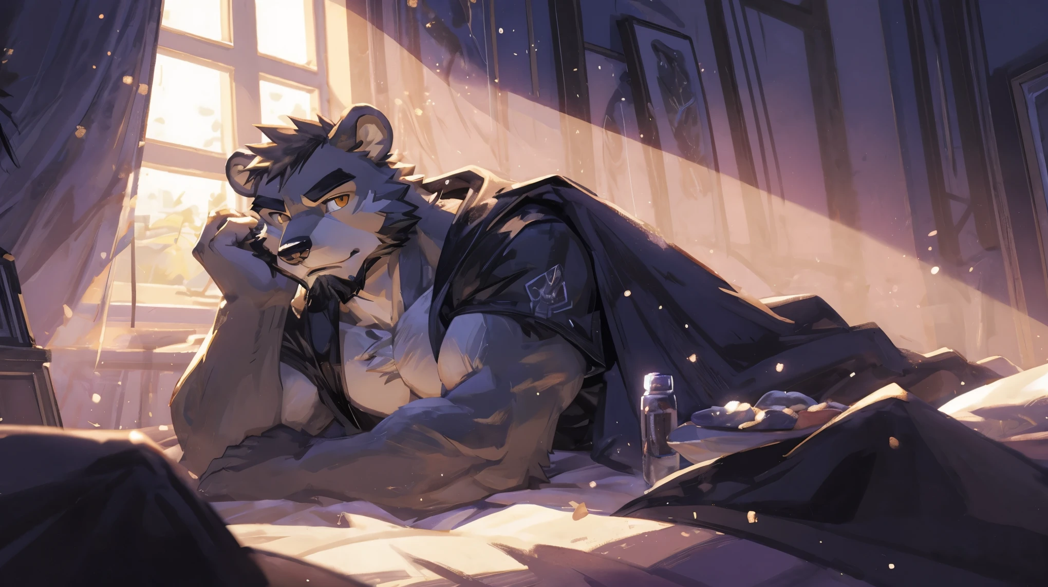 (masterpiece:1.2), best quality,pixiv,official art,perfect anatomy, (Ray tracing, light),solo, (1_male:1.3) , (muscle), (gray fur:1.4), (muscle bear), (beard:1.2), (gleaming golden eyes), Thick eyebrows, naked , cover blanket, bedroom, lying on the bed