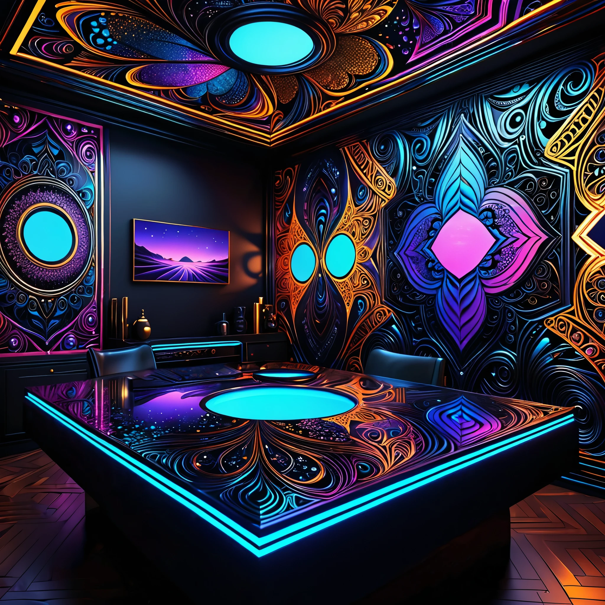 best quality, super fine, 16k, incredibly absurdres, extremely detailed, luminous paint art, luminous objects, blend art, mixture art, fractal art, zentangle art, art work, cyberpunk, background dark room