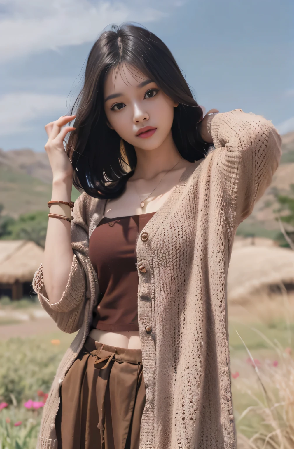 Woman Aarav wearing a brown shirt and brown skirt poses for a photo.., My name is Chandra., cardigan, tomorrow, Tran., cute woman, cute vtuber house, In Laman style, break my spirit, cute woman, lovely young woman, Asian girl, Thai girl anime, young asian woman, of art