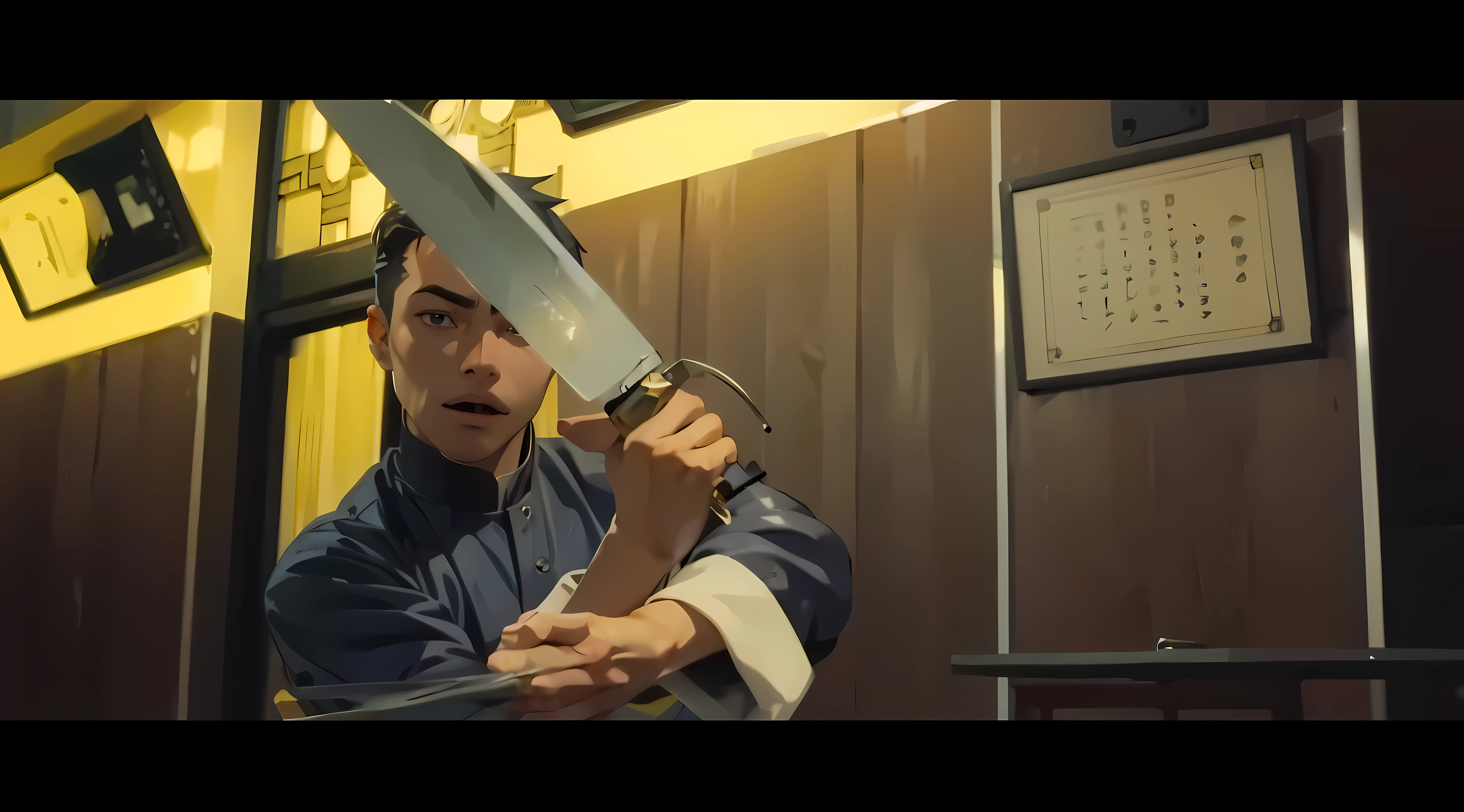 Best quality, very detailed, background matches the picture, anime boy, holding a knife, anime face, handsome