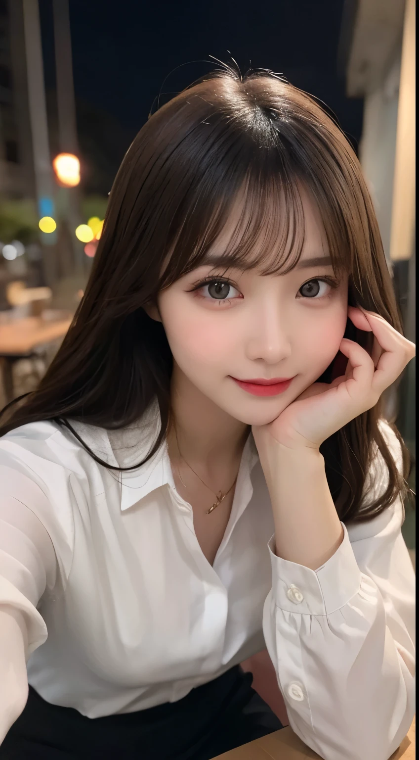 table top, highest quality, shape, Super detailed, finely, High resolution, 8k wallpaper, 完璧なダイナミックな構shape, beautiful and detailed eyes,small breasts,natural color lip, sexy pose、20 year old girl、cute、look at the camera,perfect and beautiful face,Take only the face,Beautiful and dense face、slim face and style,Big eyes、Do gal makeup,smile,medium hair,light peach long sleeve blouse、Grey ankle slacks,Blurry night scene background