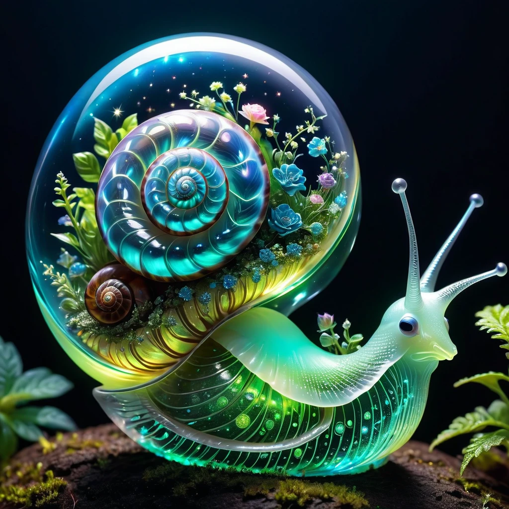 luminous object, aesthetic, extremely detailed, (transparent:1.5) glass snail shell filled with (bioluminescent:2) plants : luminous opalescent : Insanely detailed beautiful snail with glass shell : meticulously detailed filigree snail shell : bioluminescent (glowing:2.1) snail : (shimmering:1.3) : (sparkling:1.6) : extreme contrast and saturation : starry galactic night sky background : magical fantasy artwork : ultra high quality : dramatic lighting : extreme contrast : rule of thirds : HDR : photorealistic : florescent light