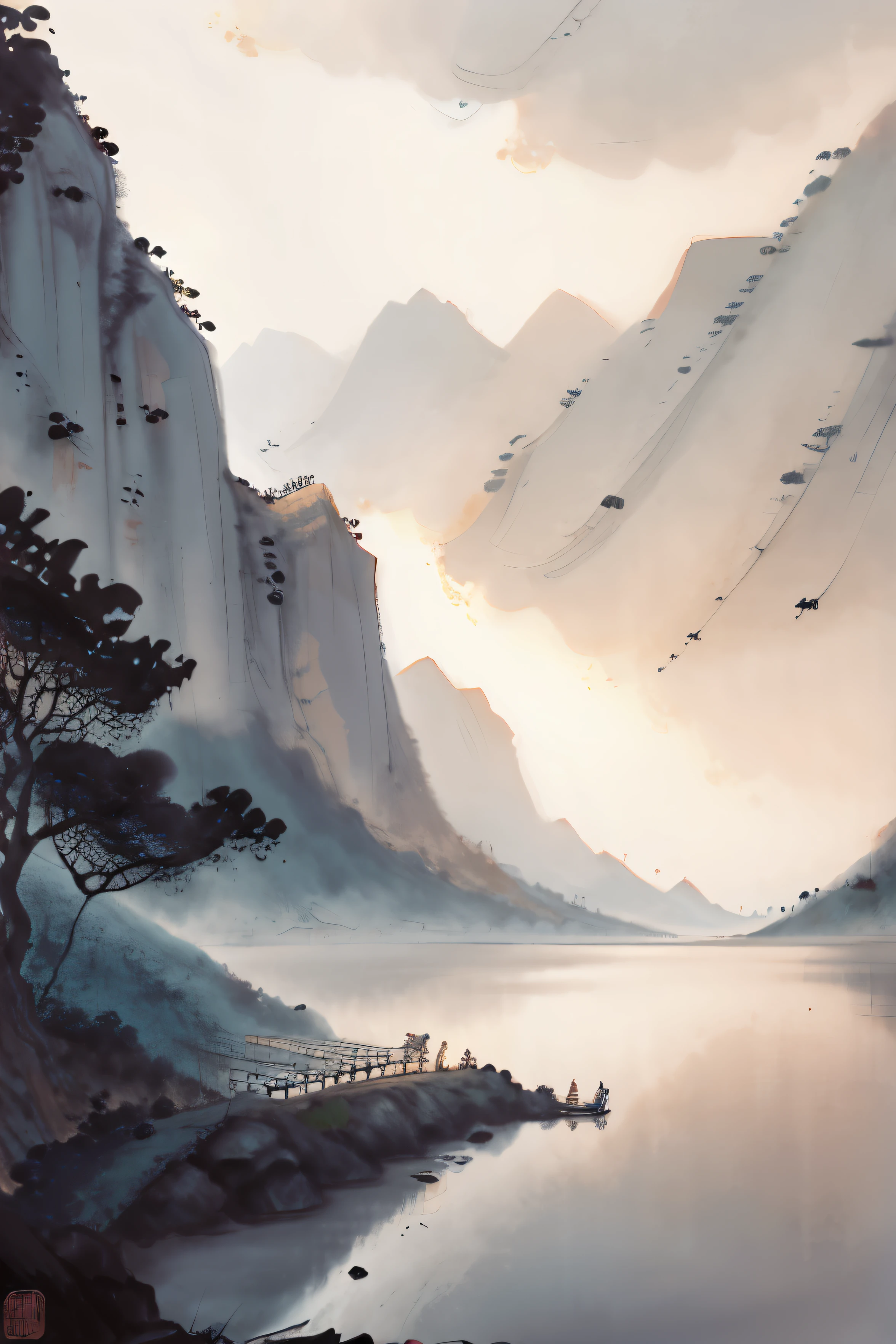 Chinese landscape painting,Fisherman in raincoat is fishing while calm riverman standing in canoe,Composition from far to near,The sunset is in the distance,wild geese、mountains、Fall,A fish bird standing on a canoe