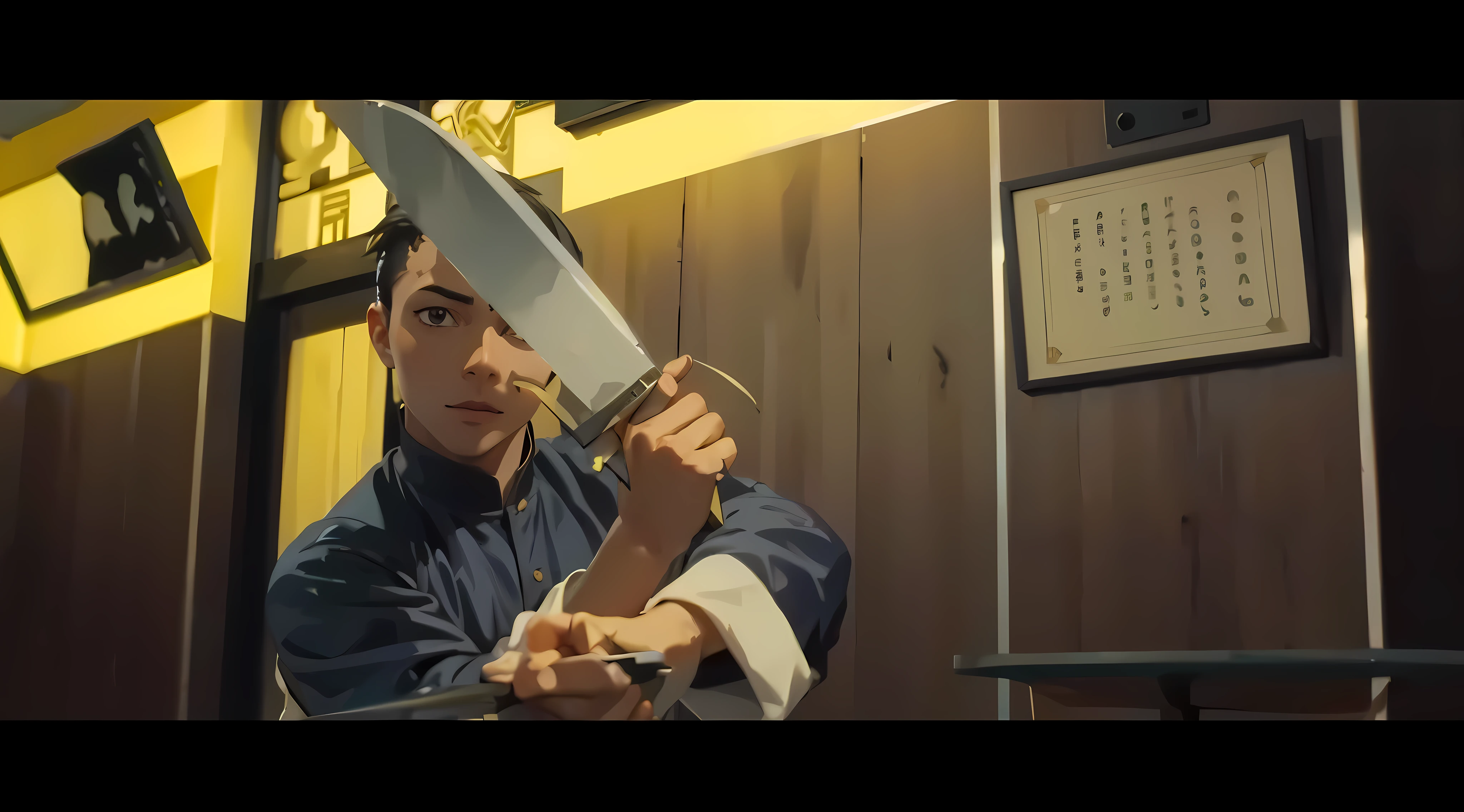 Best quality, very detailed, background matches the picture, anime boy, holding a knife, anime face, handsome
