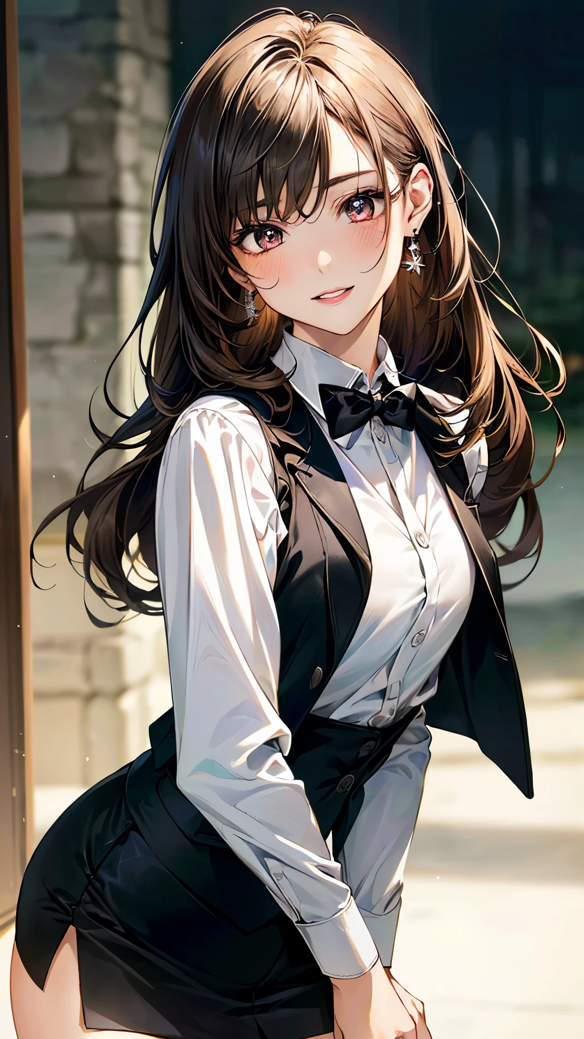 (masterpiece:1.3, top-quality, ultra high res, ultra detailed), (realistic, photorealistic:1.4), beautiful illustration, perfect lighting, natural lighting, colorful, depth of fields,
beautiful detailed hair, beautiful detailed face, beautiful detailed eyes, beautiful clavicle, beautiful body, beautiful chest, beautiful thigh, beautiful legs, beautiful fingers,
looking at viewer, (face focus, upper body), 1 girl, japanese, , (perfect face, (perfect anatomy, anatomically correct), cute and symmetrical face, babyface, , y skin,
(long hair:1.4, straight hair:1.7, light brown hair,), long eye lasher, (medium breasts:1.6, tight butt, seductive thighs), slender,
(((long sleeve white shirt, black suit vest:1.4, black skinny miniskirt:1.4, a black bowtie, ), thighs are shiny, pink perspective, very sexy, crotch, seductive thighs, camel toe)), earrings,
(beautiful scenery), office, permanent, skirt lift by yourself, (seductive smile, parted lips),