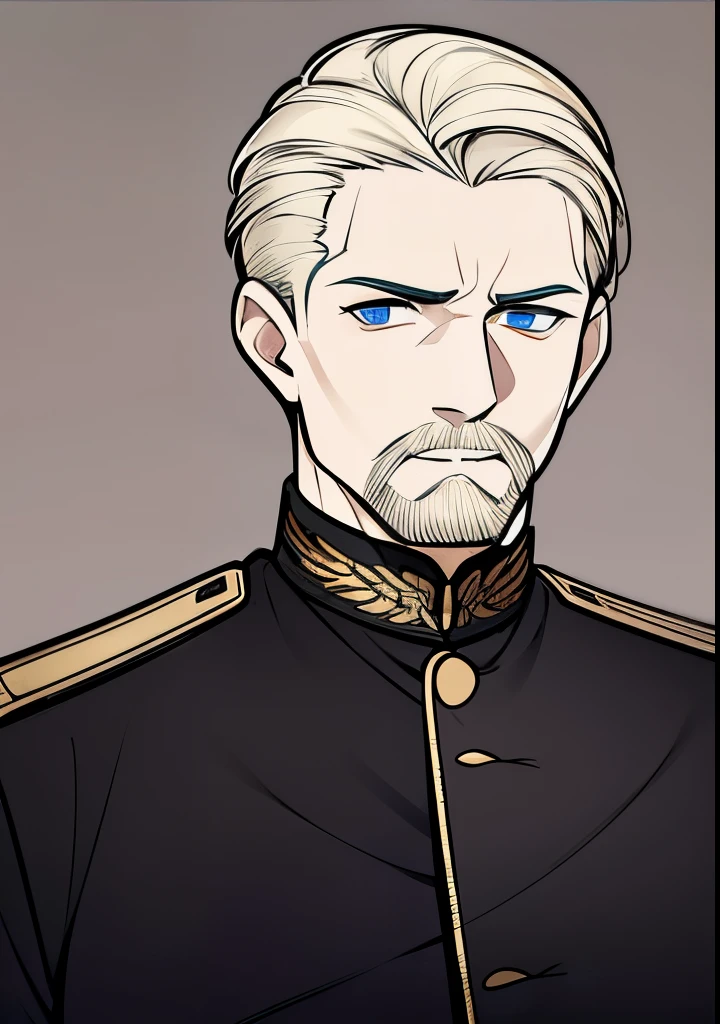 Young Adult male, white and tender skin, pale blonde slicked back combed short hair, kaisermustache and a ducktail beard, steel blue eyes, green and slightly mature, serious and emotionless facial expression,wearing world war 2 era german fatigues, portrait style, facing forwards