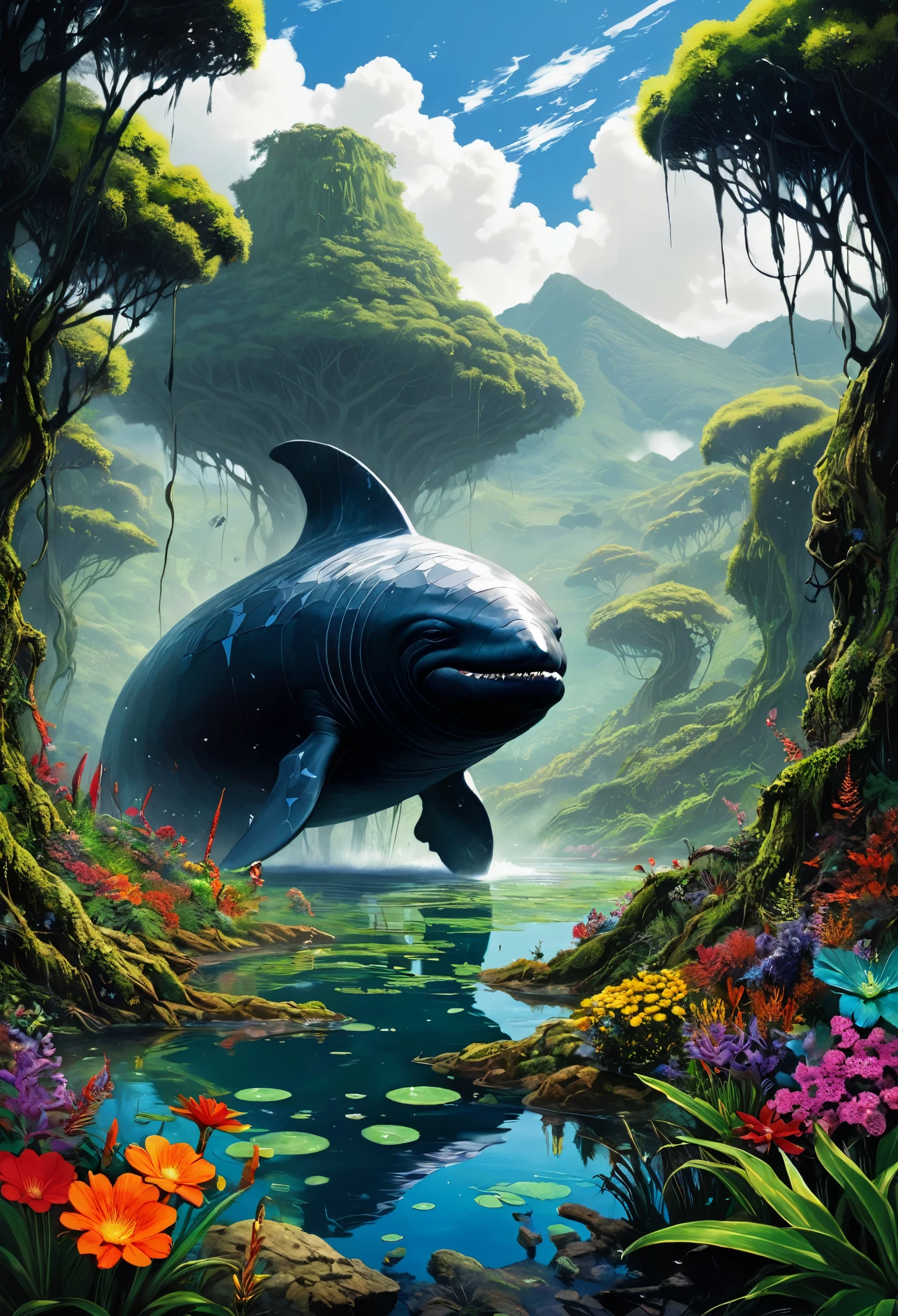 (In a quiet valley full of exotic flowers and plants..,Agua clara:0.85),Un guerrero solitario con conocimientos antiguos y armas arcanas.，Derrota a las entidades malignas,(Fondo blanco,Estilo anime en color:1.45),Fill with irregular geometric fluid oil,Planeta coloreado,Nebulosas de salpicaduras,monstruos sin cabeza(Cabeza de ciervo inmortal gigante - cuerpo de ballena - cola de zorra:1.25),An evil entity made up of tree branches and deep black swamps..,A shady cult summons a terrifying entity from the void between dimensions