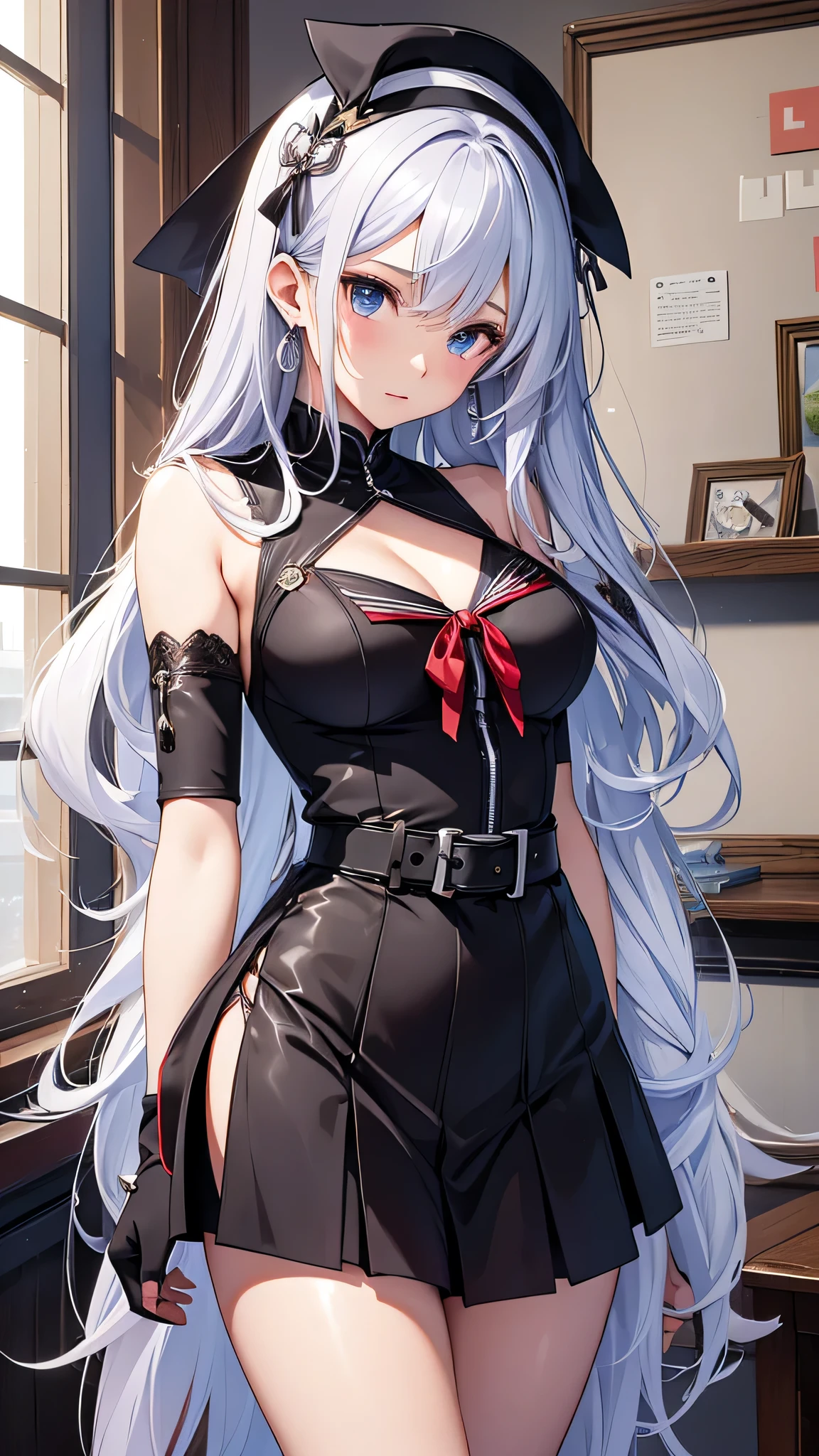 最high quality、best image quality、masterpiece、girl((20-year-old、 By becoming、vest bust、,wide open  tea、shining eyes, silver hair、long hair、thin,highest valley、black 、black short skirt、shoulder tattoo,diamond earrings、Wristband、black gloves)),high quality、beautiful art、background((school zone))、Flight、debris flies、Depth of written boundary、movie、visual art、perfect art、8K,genuine、Dynamic Performance