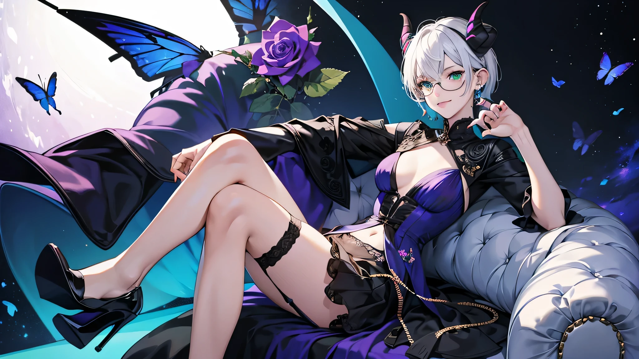 8k, masterpiece, best quality, highly detailed, 1girl, tiefling, warlock, multicolored hair, white hair, short hair, strippled hair, wearing glasses, earrings, mole, glowing green eyes, glamorous, violet and teal dress, roses, garter belt, high heels, navel piercing, white shirt, butterfly, holding staff, villainous, smirk, seductive pose, close up view, dress decorate with rose, sitting, rings, looking at viewer, hand touching chin, demon horns.