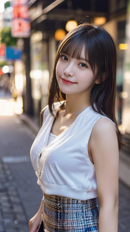 (highest quality,masterpiece:1.3,ultra high resolution),(Super detailed,caustics,8K),(realistic:1.4,RAW shooting),1 girl,(smile and look down at the camera),(front shot:1.1),(look forward),28 years old,Super cute,Japanese,glamorous,(small tits),(close),(chest focus),street,sunlight,Natural light,(Backlight),(A bright light shines from behind),(Lens flare),professional writing,(cowboy shot),(Low - Angle:1.3),(mini skirt),trendy fashion,full body shot,(No makeup)