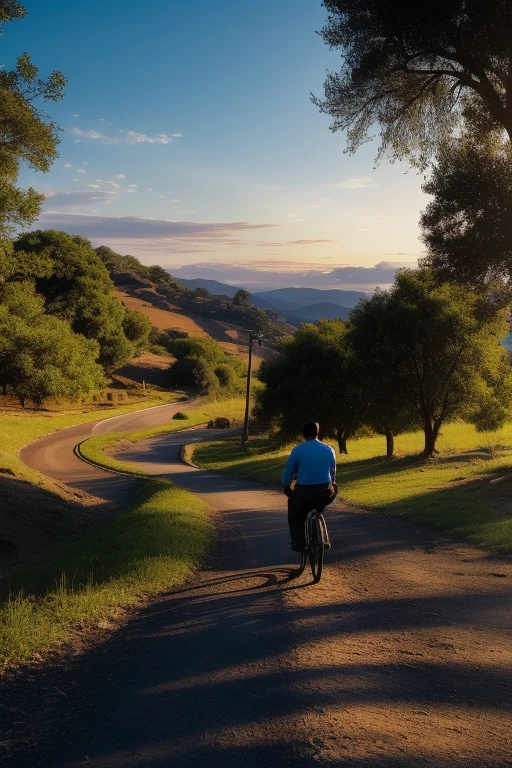 Create an image of a man in the golden hour of a beautiful, clear sky, with expanses of tranquil blue dappled with billowing clouds. He strides confidently along the dirt path, one hand resting casually on the weathered body of his acoustic guitar, its wooden surface gleaming in the sun. His expression is contemplative, eyes focused on the winding road ahead.
To his left, the landscape is dotted with iconic religious symbols from various faiths, their vibrant colors standing out against the earthy tones of the terrain. Crosses, crescent moons, and lotus flowers are among the diverse array of emblems that line the path.
On