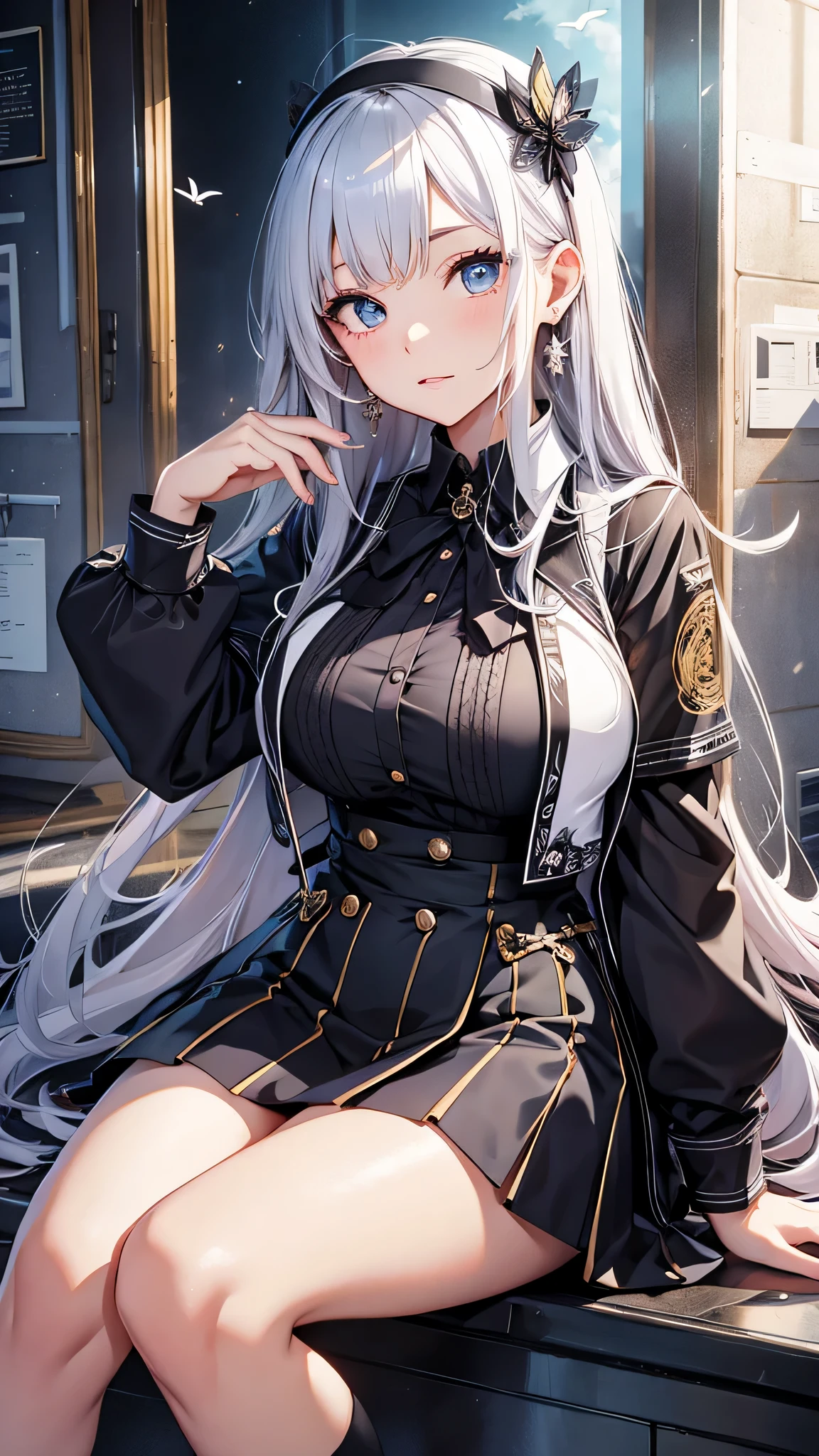 最high quality、best image quality、masterpiece、girl((20-year-old、 By becoming、vest bust、medium bust,wide open breast tea、shining eyes, silver hair、long hair、thin,highest valley、black 、black short skirt、shoulder tattoo,diamond earrings、Wristband、black gloves)),high quality、beautiful art、background((school zone))、Flight、debris flies、Depth of written boundary、movie、visual art、perfect art、8K,genuine、Dynamic Performance