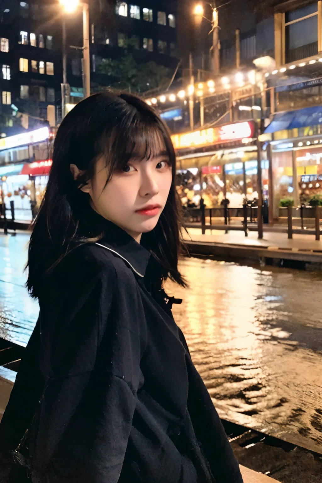 ((highest quality)), ((masterpiece)), (cinematic aesthetic:1.4) Beautiful Korean fashion model bokeh city night photo