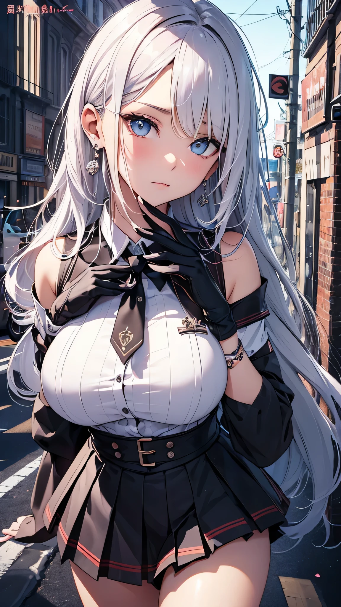 woman、White, stylish off-the-shoulder clothing、skirt、White Hair、Light blue eyes、Big Breasts、city