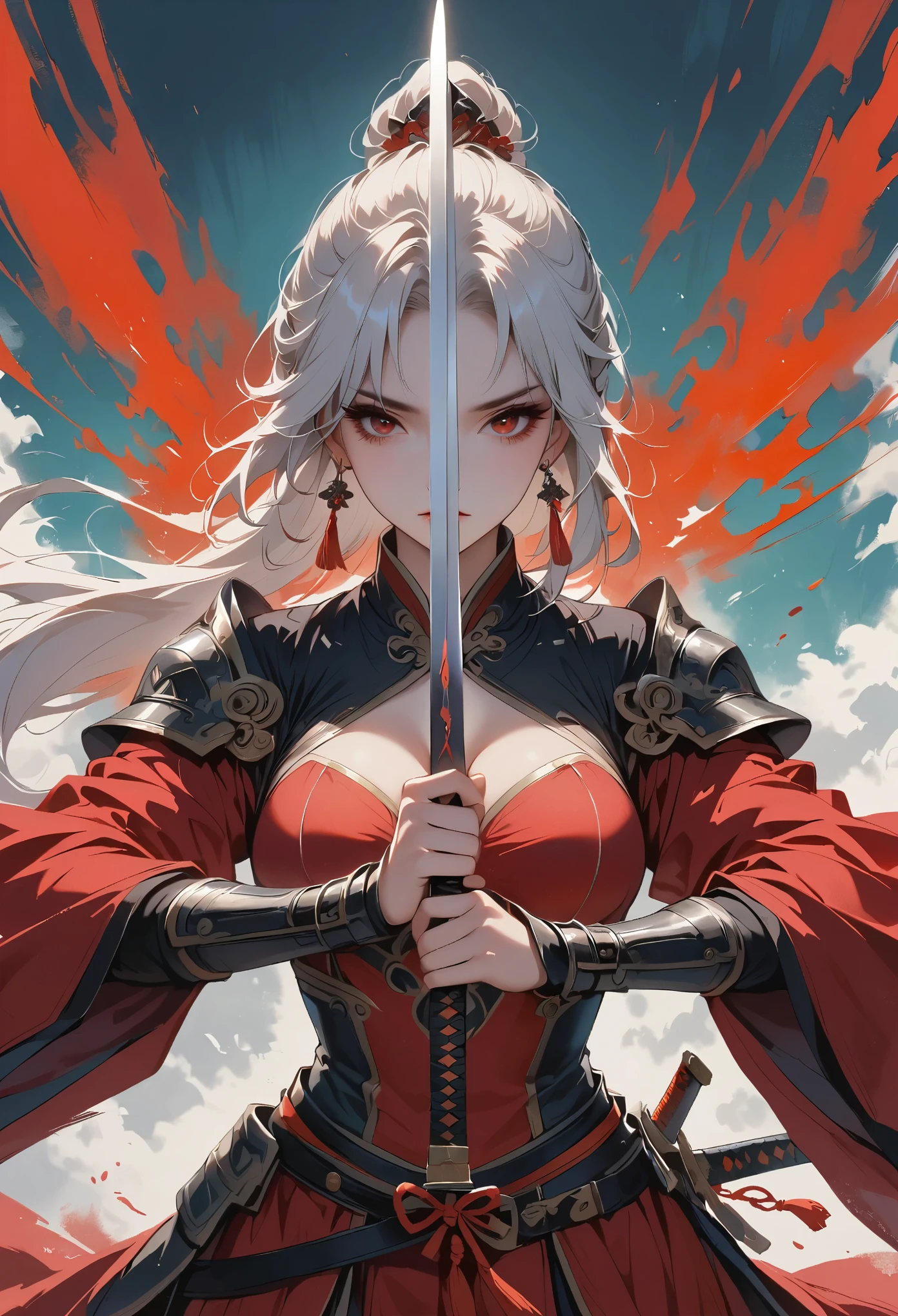 1girl, solo, long_hair, breasts, hair_ornament, red_eyes, dress, ribbon, holding, jewelry, upper_body, ponytail, weapon, white_hair, earrings, sword, holding_weapon, clothing_cutout, holding_sword, red_dress, cleavage_cutout, tassel,Correct human anatomy