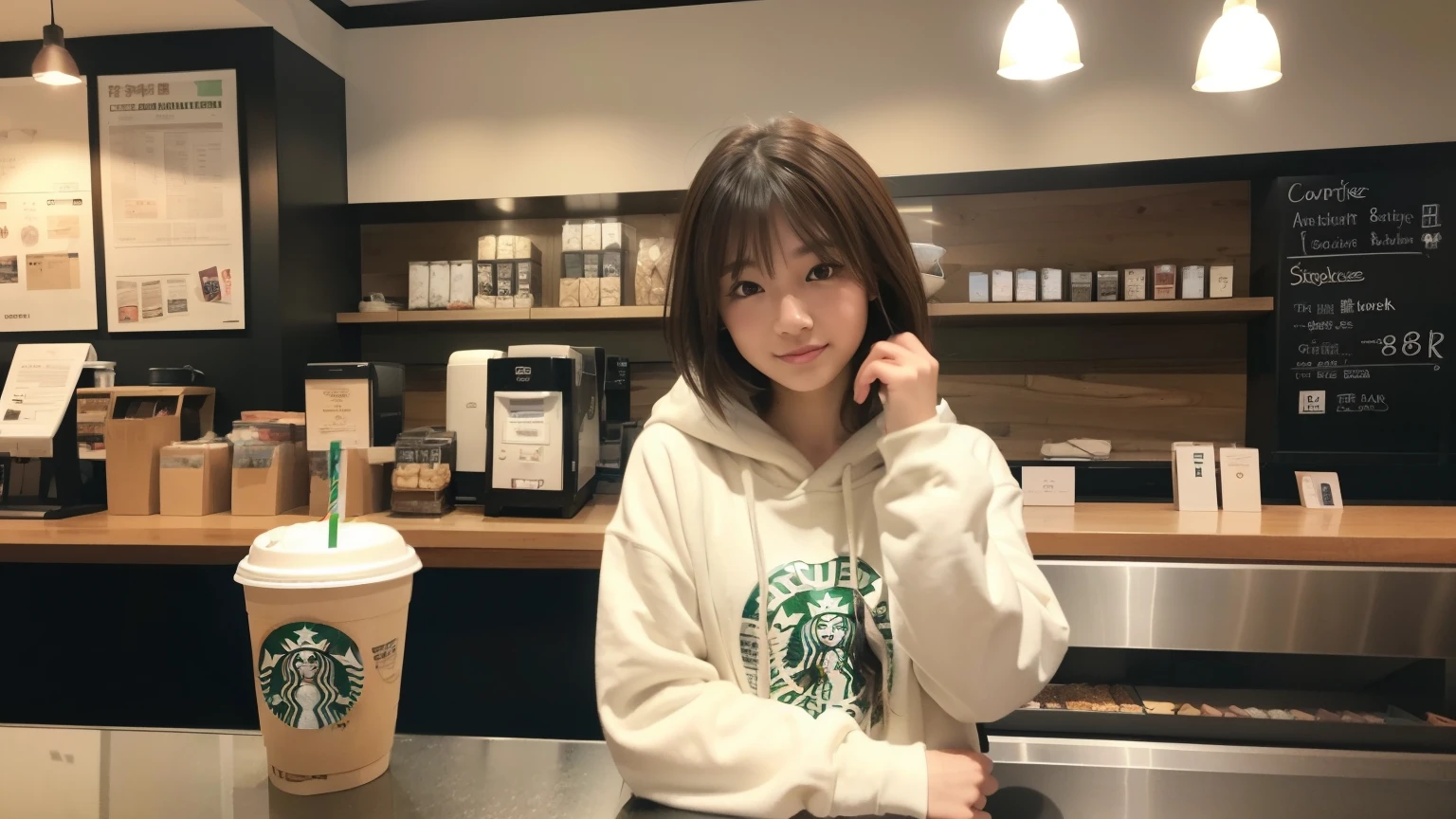 (8K, Raw photo, highest quality, masterpiece:1.2), (realistic, photo-realistic:1.4), (Highly detailed 8K wallpaper), perfect female body, famous japanese idol, 20 year old girl, japanese model, medium short hair, messy hair, light brown hair, hoodie,Starbucks, I can see other customers enjoying themselves too...。At the back of the cafe、Staff are busy working at the counter。