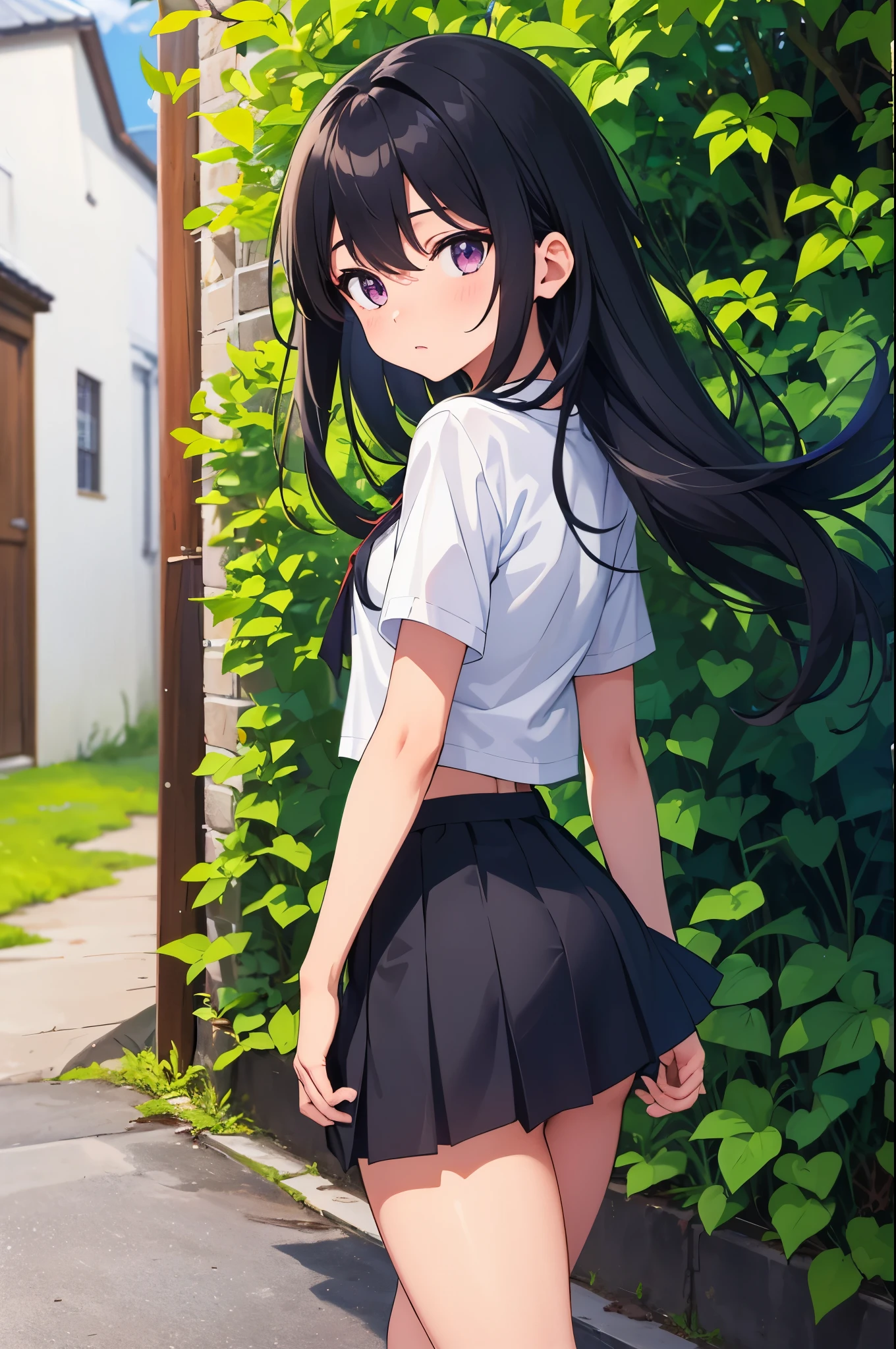 Back alley of a private house in the countryside narrow road elementary school girl 8-year-old flat chest black hair long hair eyes are purple ((1 person)) Upper body black T-shirt Lower body white miniskirt((White panties are visible)) black socks sneakers standing in the middle of the alley Hair fluttering in the wind Skirt that flips up I can see white panties dynamic angle Low angle from the front