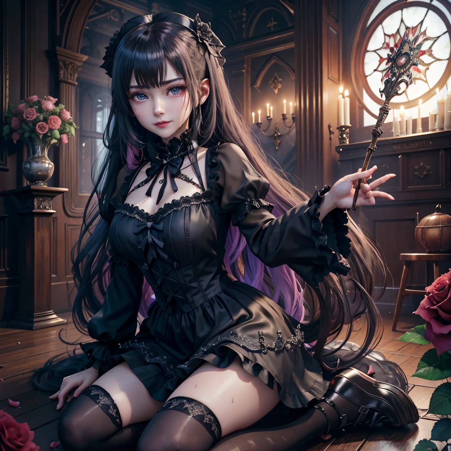 ハードdark gothicメイク、Insanity、deep night sky、horror、black dark eyeshadow、cry、grieve、good skin shine、dark gothicメイク、dark smile、Restless Palace、fragrant beauty、22 years old、lure、expression of intense sexual pleasure、A look of shame、dark gothic、lewd expression、muste piece、best quality、Refers to 5 books、Expression of sexual pleasure in suffering、drunk face、purple maid outfit、mysterious、Noble、A face that is holding back the toilet、Super sexy、loving smile、twin tail hair、jet black ruffle skirt、right blue eye, left eye is red、Gothic bed covered with roses、Super bewitching pose、stick out your butt、platform heel shoes、dark makeup、black lipstick、Stained glass、black metal world、open your legs sloppily、make the world beautiful、sit on a bed of roses、gothic lolita clothes、comb your hair、A little slender、silver hair、long hair straight hair、cute gothic lolita dress、beautiful face、face of elegance、bewitching face、knee high socks、Stained glassが背景、My chest is shiny from a lot of sweat、the room is dark、goth long dress、bell sleeve、wizard sleeve、decadent look、sexually excited look、part hair、Ritual、gothic ritual、Glossy thighs wet with water、Thighs wet and shiny with oil、Background of a room filled with roses、sad expression、Rozen Maiden、embroidery is pink、Clothes are embroidered pink、thigh high socks、kneel down、put your knees on the floor、knee high socks、It shines due to the considerable amount of sweat on my thighs.、kneel down、body is wet and shiny、Lots of glitter on the thighs、i am sweating a lot、A lot of sweat and stickiness on the thighs、Sweat glistening on your thighy whole body is shiny with sweat、pretty sweaty、My thighs are sweaty、my thighs are so wet、My thighs are shiny from a lot of sweat、A lot of sweat shines all over the body、kneel up、Right arm to crotch、、open your legs wide、slender body、Gentle expression、is masturbating、deep black eyeshadow、lewd act、Stained glassと薔薇背景、エレキplay the guitar、play the guitar、wearing black underwear、have a guitar、black panties、
