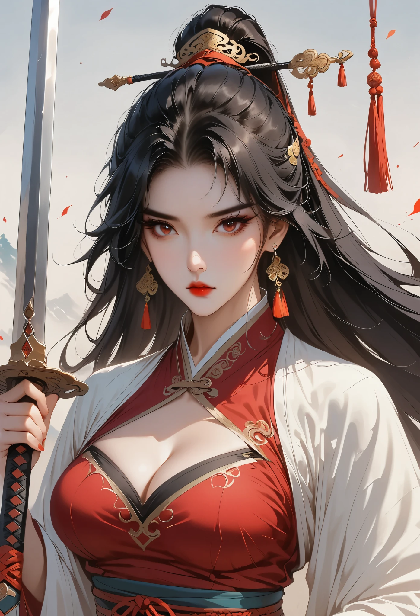 1girl, solo, long_hair, breasts, hair_ornament, red_eyes, dress, ribbon, holding, jewelry, upper_body, ponytail, weapon, white_hair, earrings, sword, holding_weapon, clothing_cutout, holding_sword, red_dress, cleavage_cutout, tassel,Correct human anatomy,Hua Mulan,beast:1.5