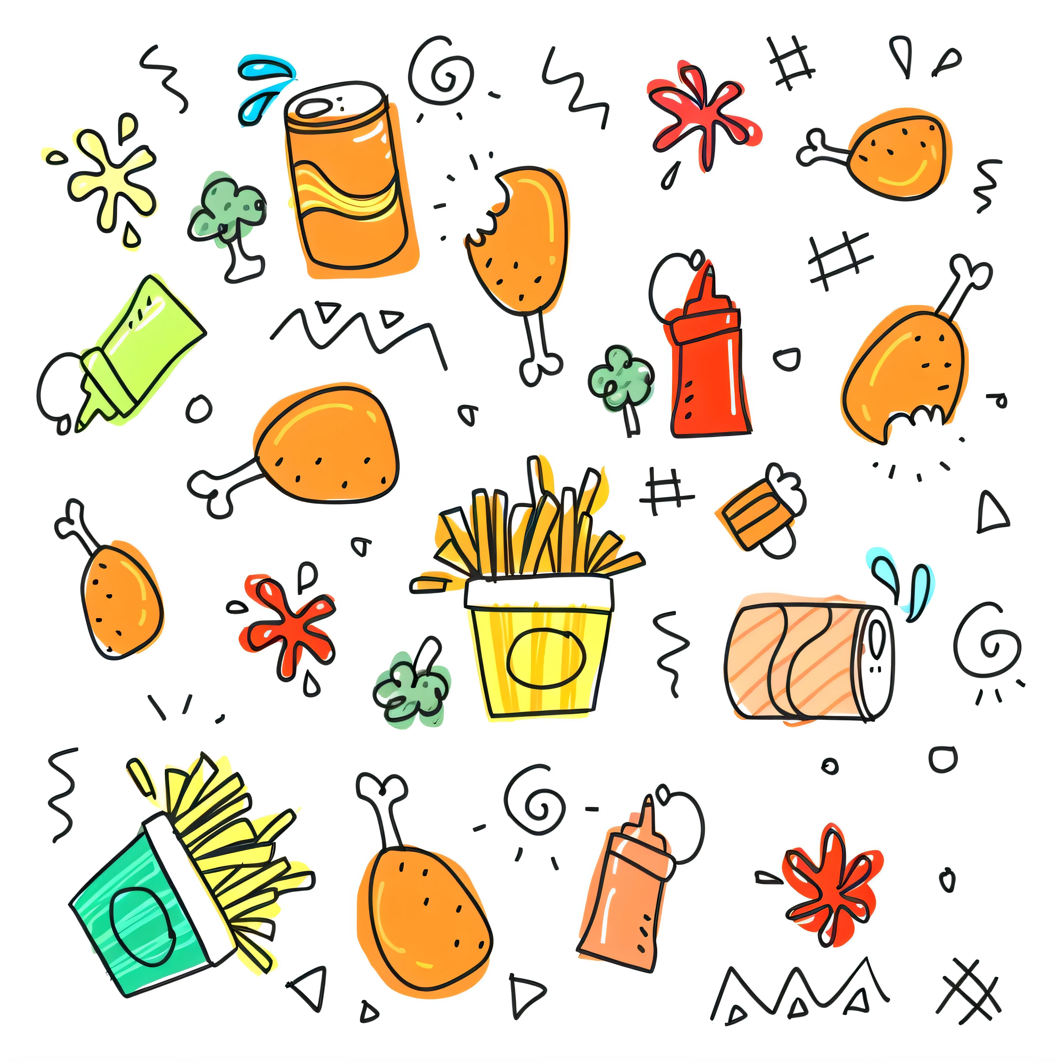 a close up of a bunch of food items on a white background, colorful doodle art, french fry pattern ambience, doodle hand drawn, hand painted cartoon art style, cartoonish graphic style, cartoonish vector style, simple cartoon style, food particles, coloured line art, illustration line art style, doodles, yummy, seamless pattern design, colorful illustration, fast food