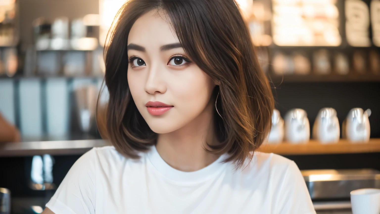 highest quality, Instagram, bright lighting, T-shirt, oversized T-shirt, graphic T-shirt, logo design T-shirt, heavyweight T-shirt, (at the cafe), stylish cafe, Highly detailed face and skin texture, delicate eyes, double eyelid, Whitening skin, (round face: 1.5), short hair, short twin tails