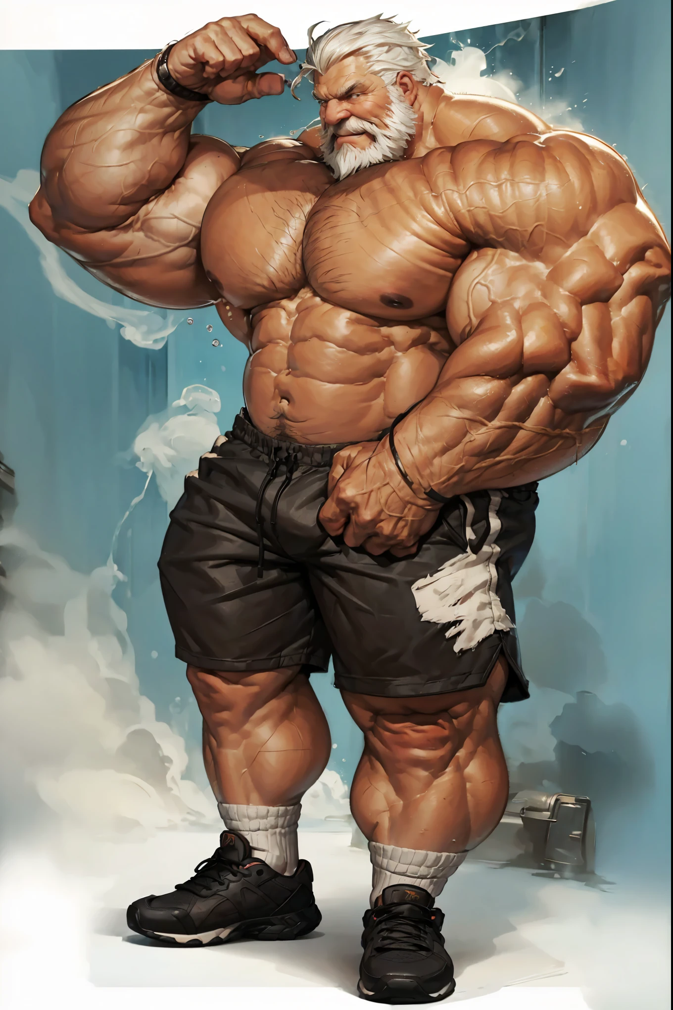 chubby old man in steam room, old man, thick arm, huge arm, bearded. smile, white hair and beard, bearded, muscular, pectoral, wide pectoral, realistic, 8k, masterpiece, (wearing shorts and shirtless:1.3, topless, shoes)