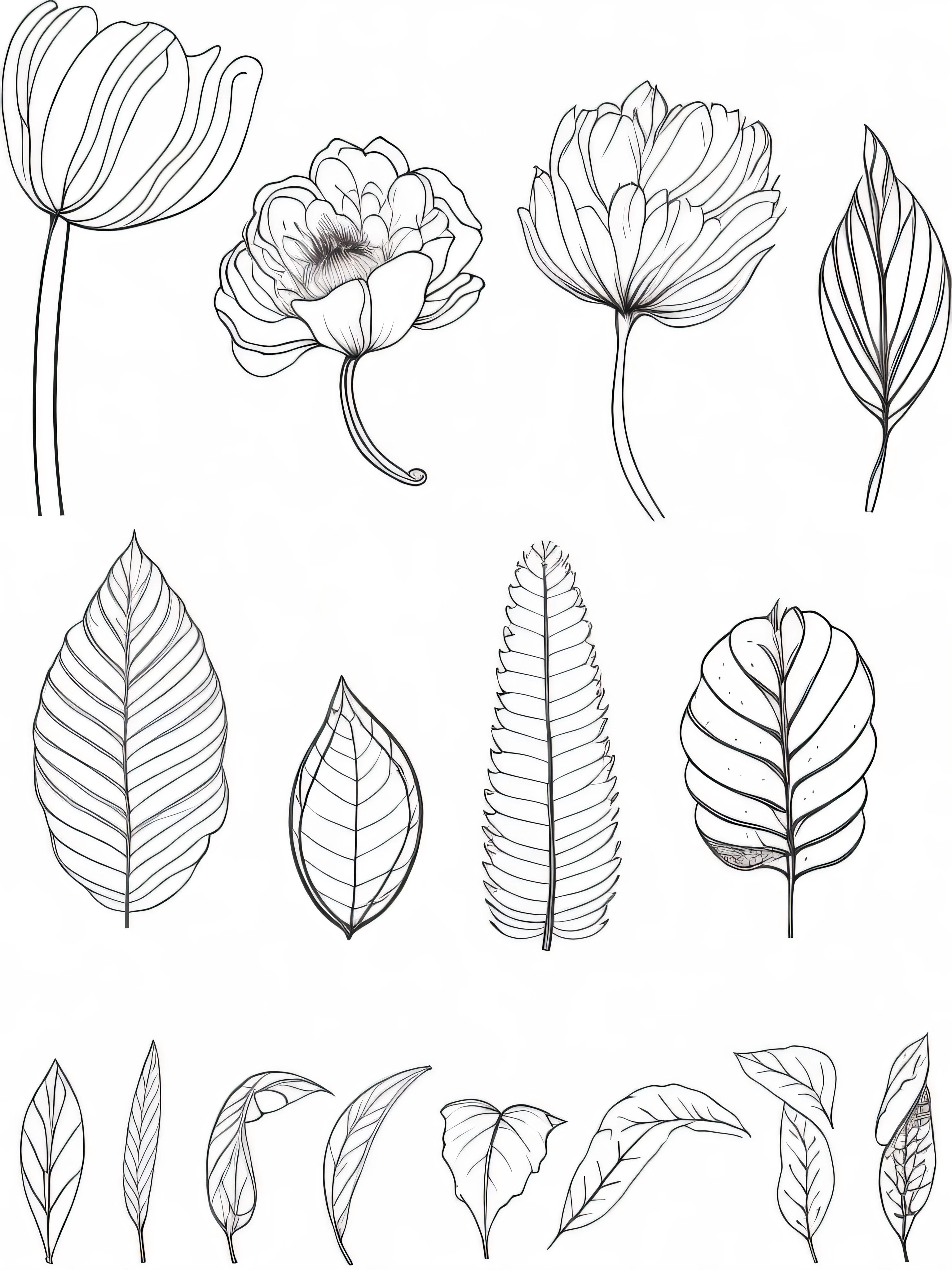 a set of hand drawn leaves and flowers, line - art, fantasy flowers and leaves, flower elements, flowers and foliage, magnolia leaves and stems, very detailed leaves, detailed plants, leaves foliage and stems, botanical background, illustration black outlining, botanic foliage, highly detailed leaves, flowers and plants, black outlines, black ink outlines, magnolia big leaves and stems