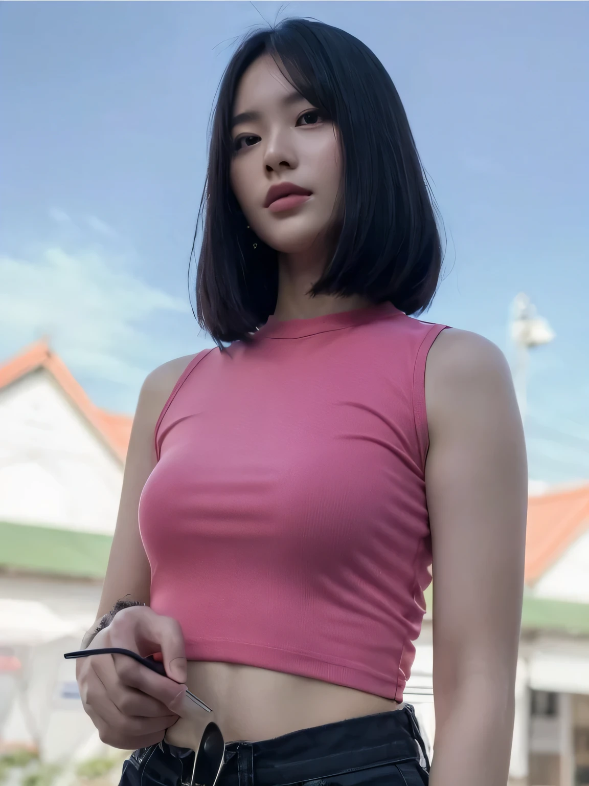 Araffe woman in pink dress, black shorts holding a mobile phone, Thai girl anime, Asian girl, Model, 24 years old, youภาพต่ำมาก, 🤤 Portrait of a young woman, low angle, tomorrow, Tran., From 8000 matt, Wear a sexy crop top.., you&#39;be a fool again., asian woman, Wear a crop top.., Wear a tank top
