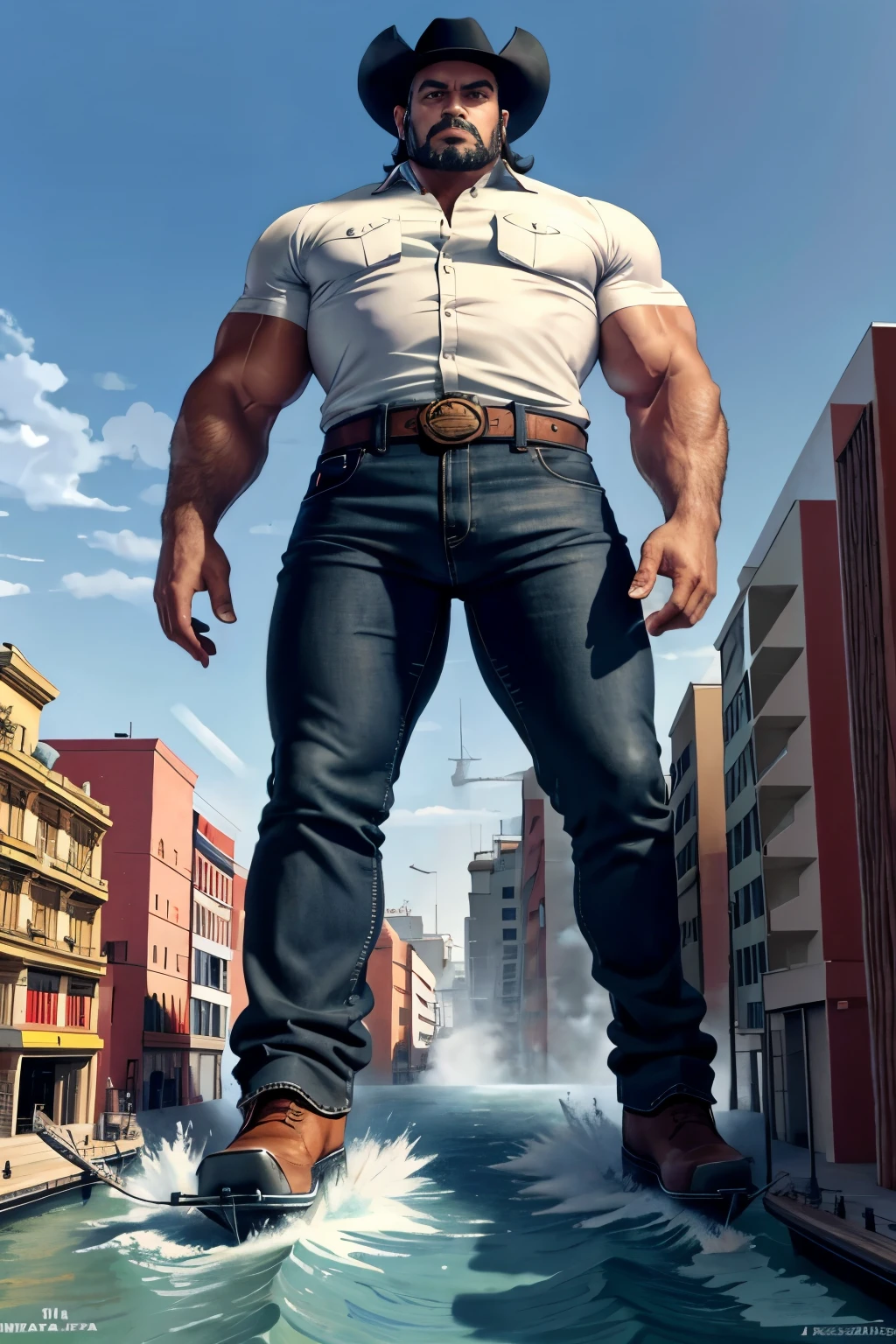 giant art, surreal Colombian man , Highly detailed Giant shot, Giant,, A gigantic Colombian man that's much bigger than a skyscraper, wearing cowboy hat, huge muscles , big arms, solid white shirt ,black jeans , wearing timberland boots,miniature metropolis, I'm playing with capturing very small aircraft carriers and battleships., gts, giga giant, giant, crash warship, tiny warship, micro warship,