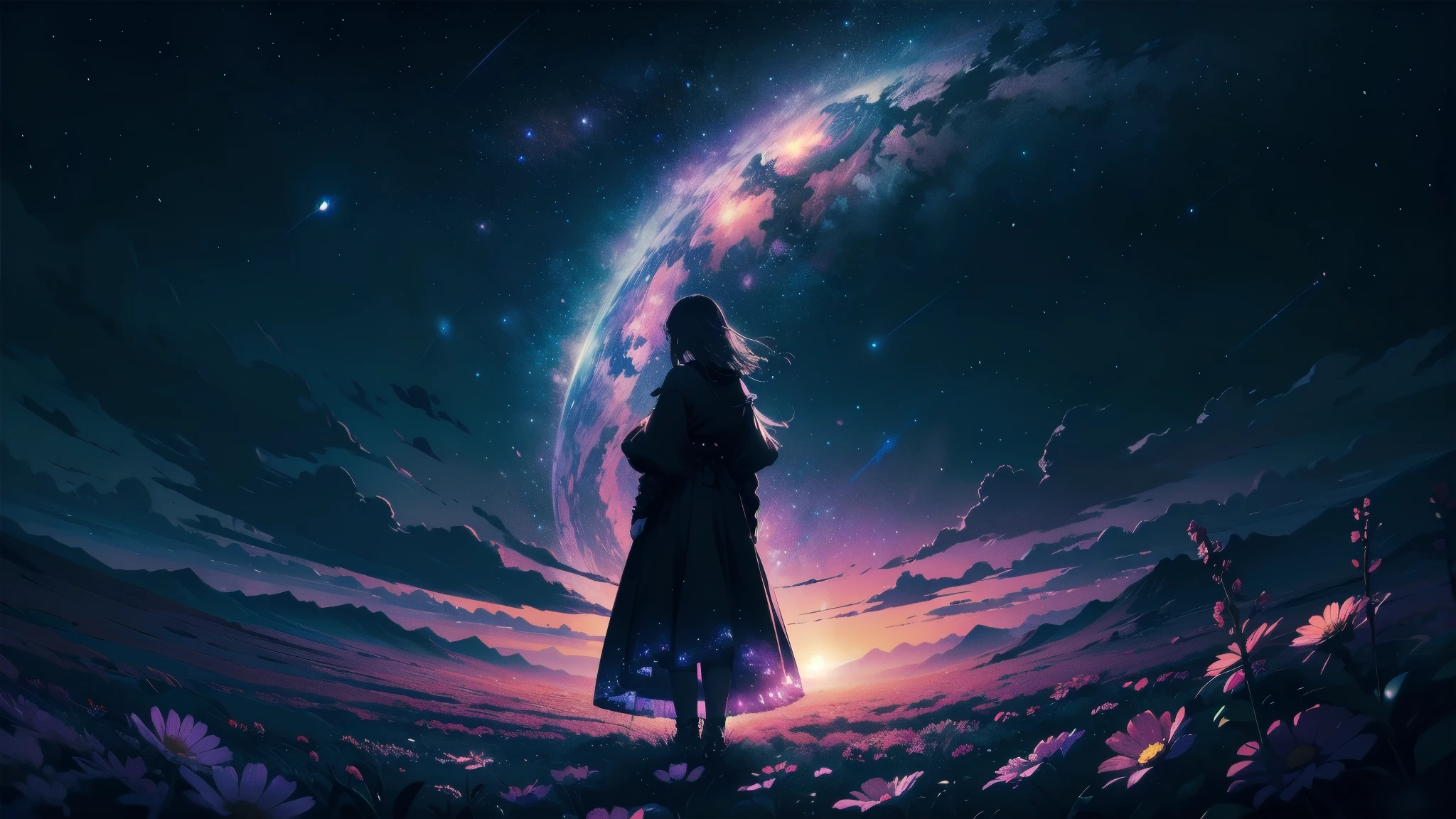4k Landscape, beautiful stars at background, looks like a dream, sky looking extremely beautiful, ultra resolution, perfect lighting, Dark space, space photo, extremely beautiful, fantasy world, girl standing on flowers, looking at the sky, dark vibes, perfect color grading, a planet at the sky