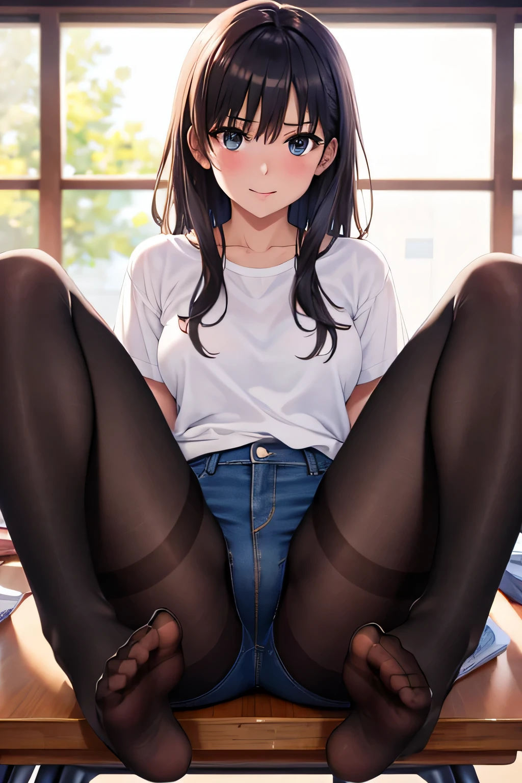 4K digital art,super realistic picture, 8K high quality detailed art,detailed pantyhose,sweaty,In the classroom,1 girl, 18-year-old,highly detailed legs,detailed pantyhose,foot focus,Exact number of legs,accurate foot index,neat and well-groomed face,double,Big eyes,Japanese,accurate anatomical diagram,Beautiful woman,oversized white t-shirt,denim shorts,NSFW,spread your legs,A Certain Scientific Railgun