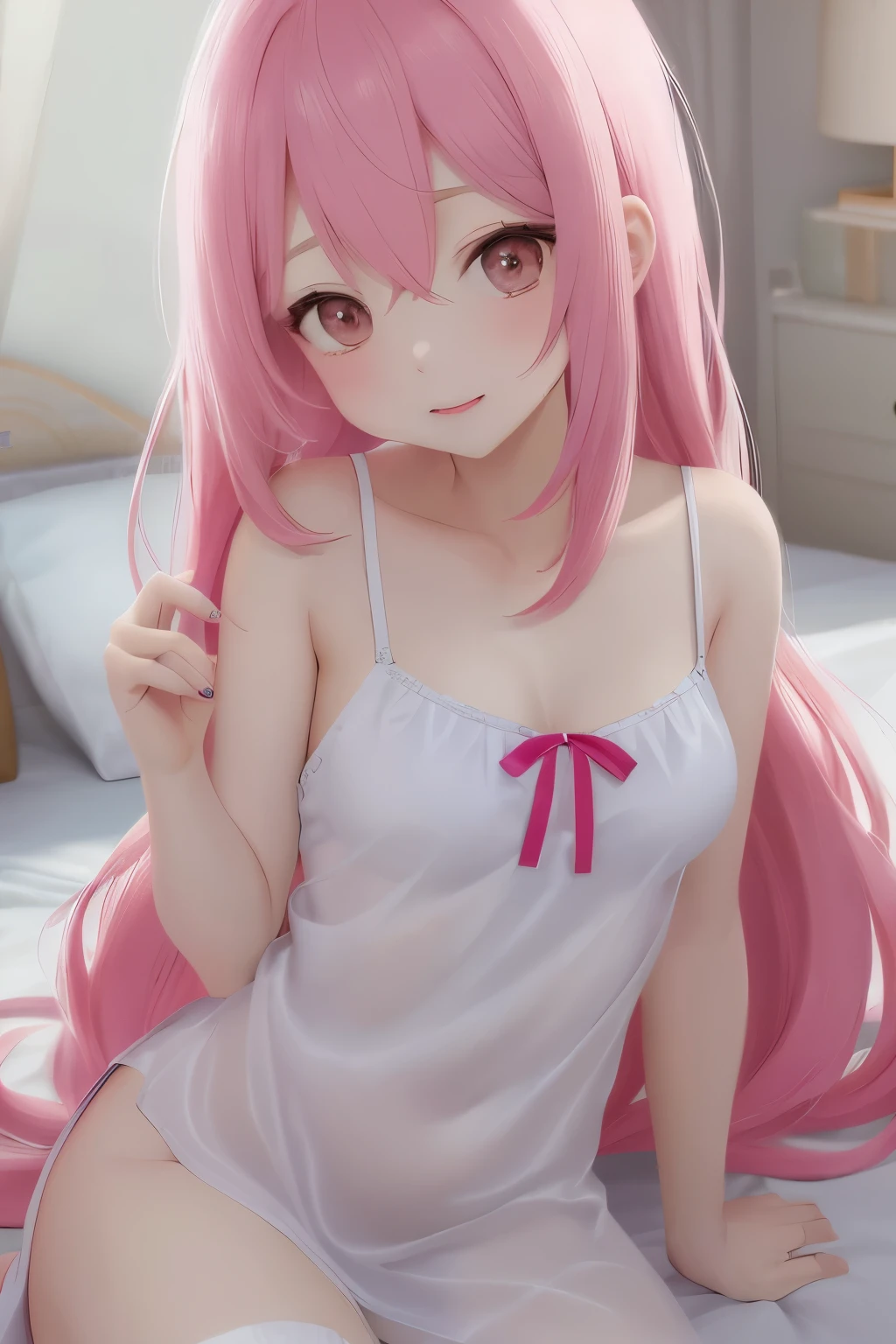 anime girl in a white dress sitting on a bed with a pink hair, seductive anime girl, Anime visual of a cute girl, wearing clothes, (anime girl), Cute anime waifu wearing beautiful clothes, cute anime girl, Anime cute art style, pretty anime girl, young anime girl, Smooth anime CG art, anime girl with long hair, beautiful anime girl