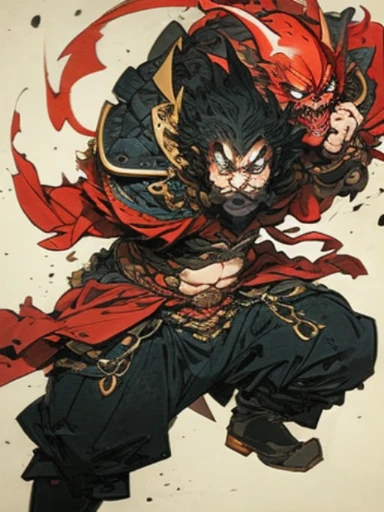 A big man fighting a red demon，Floating world style，KHD，simple background，（angry look），master piece，KHD、Topless、