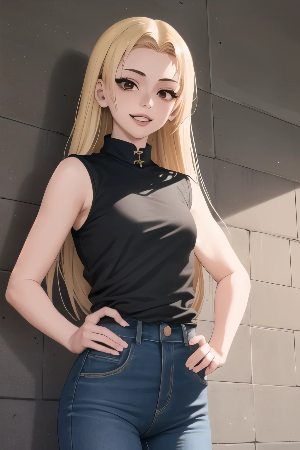 (masterpiece, best quality:1.2), solo, 1girl, tsukumo yuki, grin, looking at viewer, hands on hips, black shirt, sleeveless, jeans