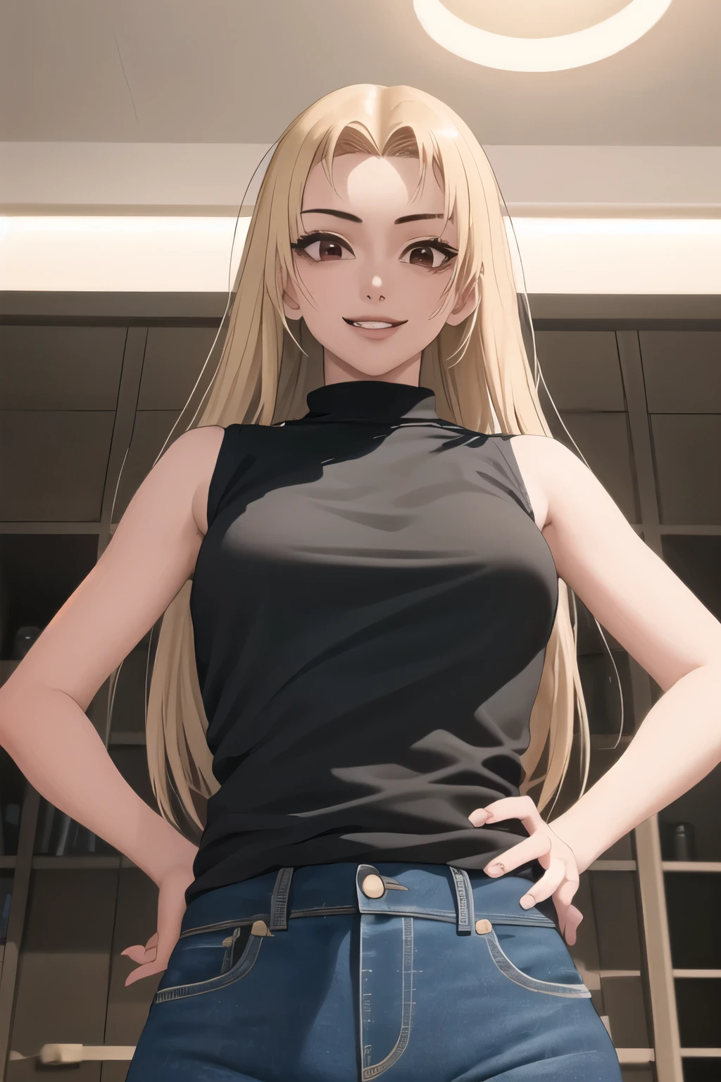 (JK_yuki_Tsukumo)、Blonde、Long Hair、solo、chest、1 girl、Brown eyes、Parted bangs、Straight Hair、make、Pink Lips、eyelash、Black sleeveless turtleneck vest、Blue Jeans、Black belt、Different actions、