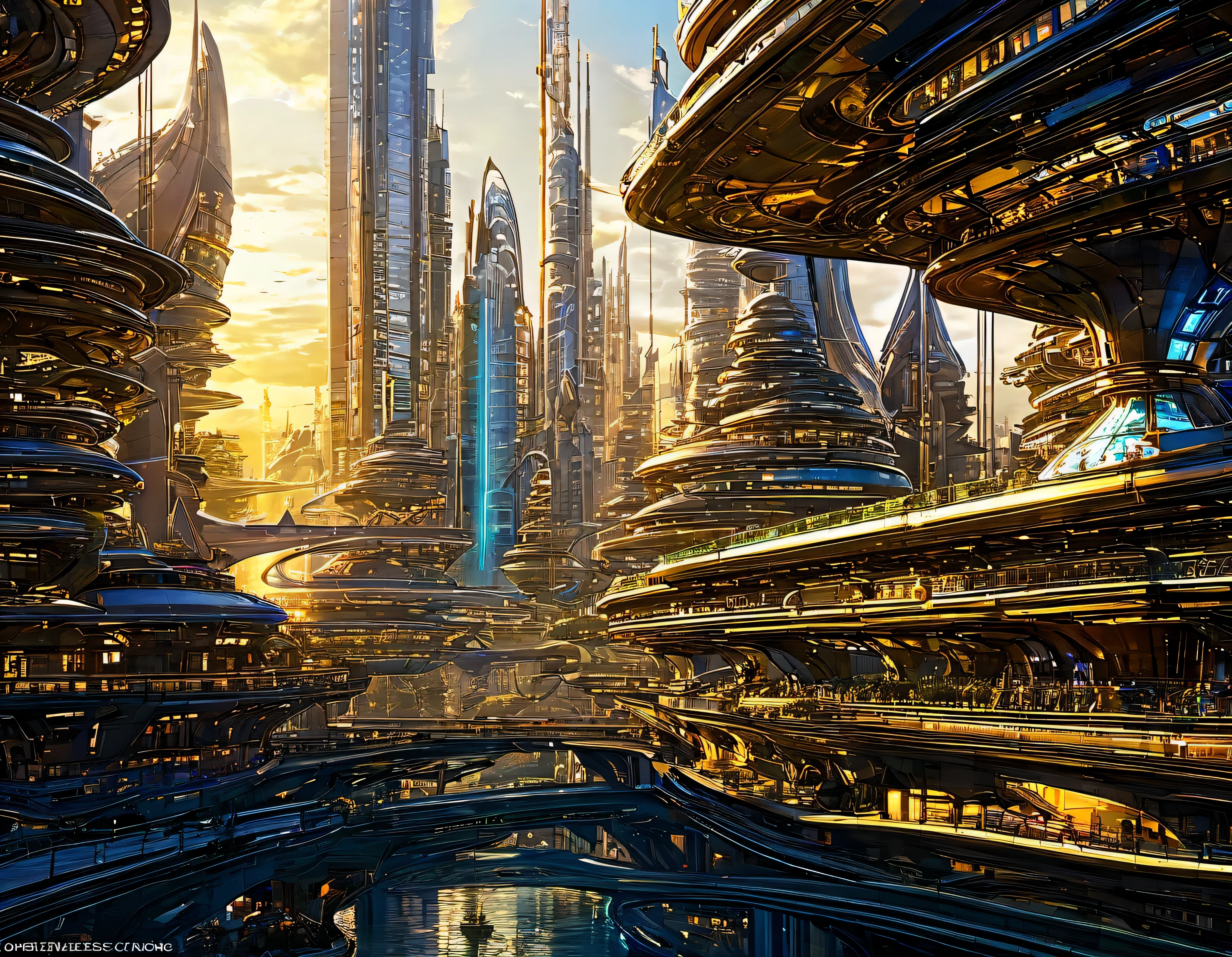 (golden hour lighting), megacity, megalopolis of an imaginary world of science fiction , parecido a una disneylandia futurista, and maximum fantasy, con inmensos edificios y rascacielos ovalados y dodecaedricos agrupados de metal y cristal donde predomina el oro y los anuncios luminosos de colores. imagen bien definida 8k, (intrincados detalles de la maquina), con muchos edificios juntos.(obra maestra de superior calidad).(imagen fotorrealista), nitidez absoluta hasta el fondo