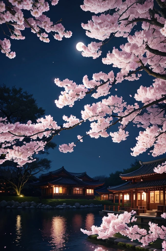 highest quality、Cherry blossoms at night、Cherry tree in full bloom、full moon、petal、light up、beautiful、fantasy