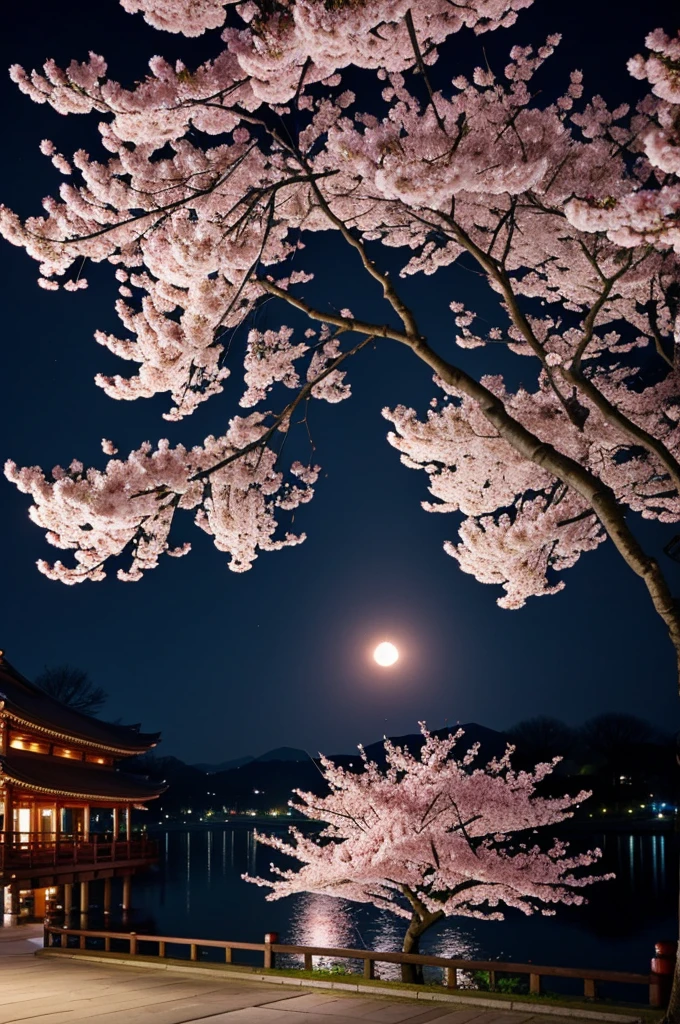 highest quality、Cherry blossoms at night、Cherry tree in full bloom、full moon、petal、light up、beautiful、fantasy