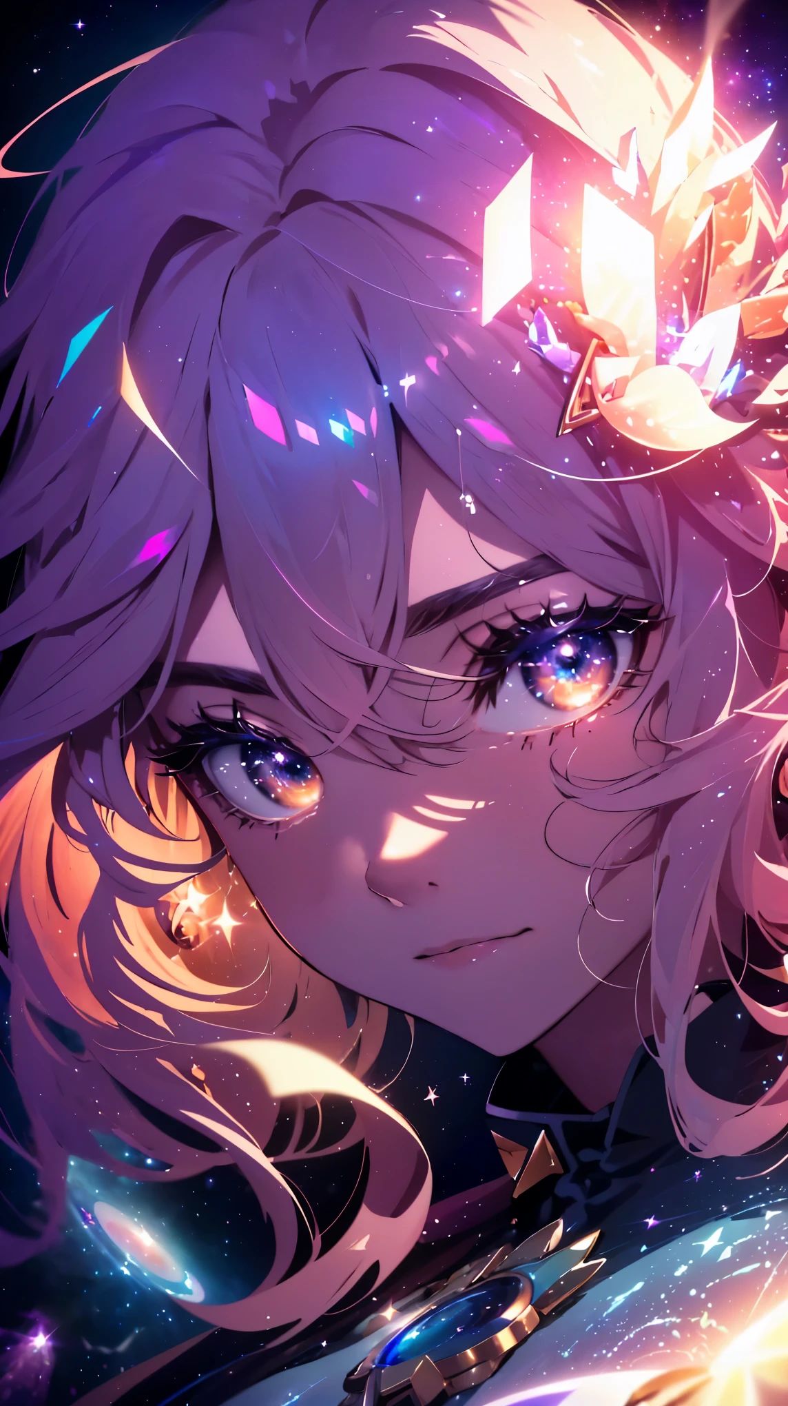 (close-up,detailed)(goddess of time)(clock background),(space,cosmos),(stellar lights,dimming stars,celestial atmosphere,galactic hues),(best quality,ultra-detailed,realistic),(cosmos art,mythological art),(vibrant colors,cosmic tones),(soft,subtle,dreamy lighting)