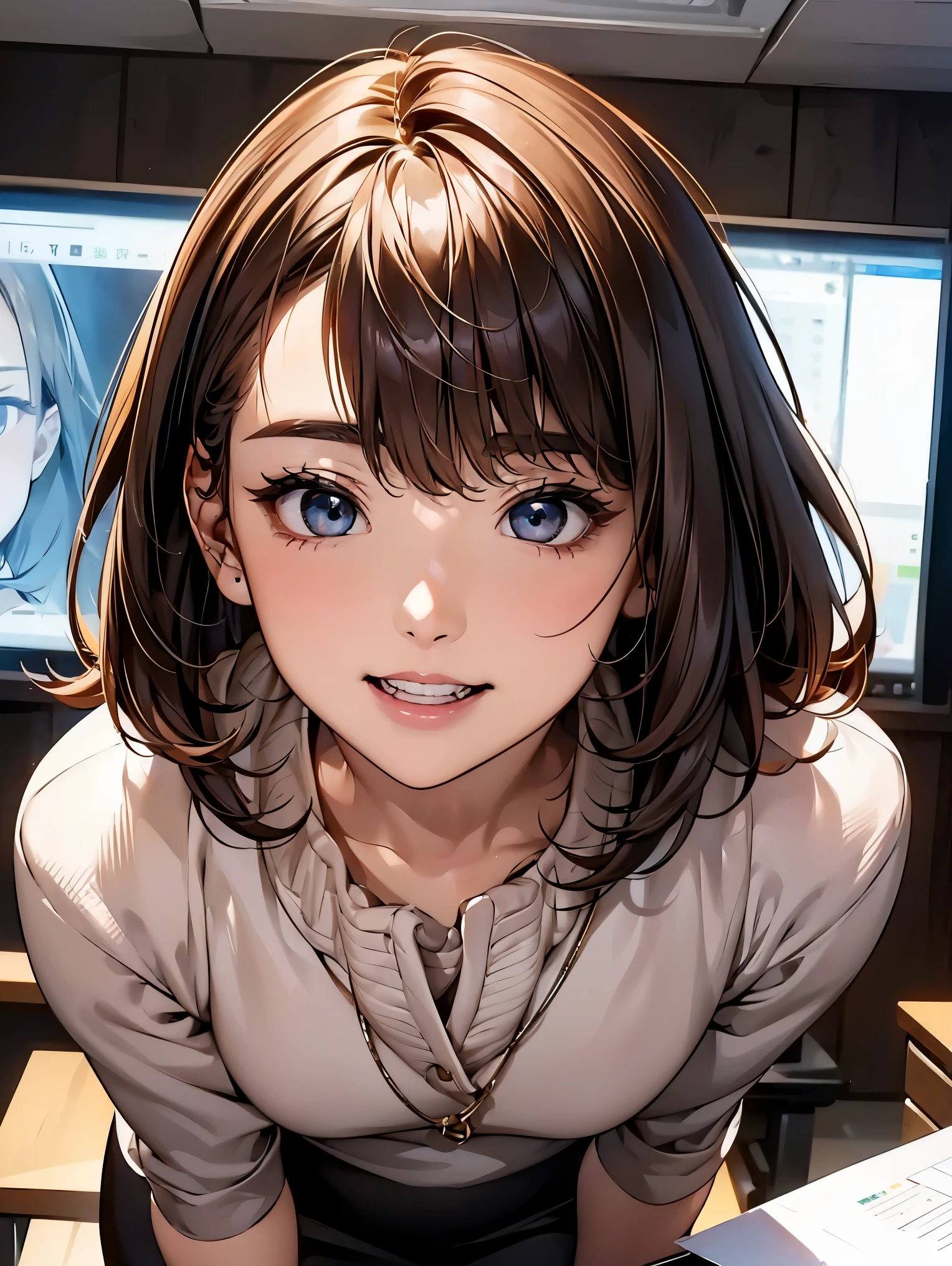 masterpiece、High resolution 8K、NSFW、sharp focus、contrast lighting、fine skin、debris flies、 highest quality、ultra high resolution、ultra high resolution、Detailed CG、stock exchange、large office room、lots of big monitors、desk computer、transaction、document、stock、chart screen、Male office worker in horizontal focus、woman sitting on a chair、beautiful eyes、(detailed face and iace:1 2)、narrow eyes、almond eye、black eye、Eye gradation eye highlight:1.2)、(bright reddish brown hair、middle、asymmetrical bangs)、(ID card、Blazers for office wear shortage、white cutter shirt、black pencil skirt、pumps)、(plump lips、gross、glossy lips、 size) 、(oval face : 1.4)、(thin fingered arms、detailed human hand)、half-open smile、teeth visible