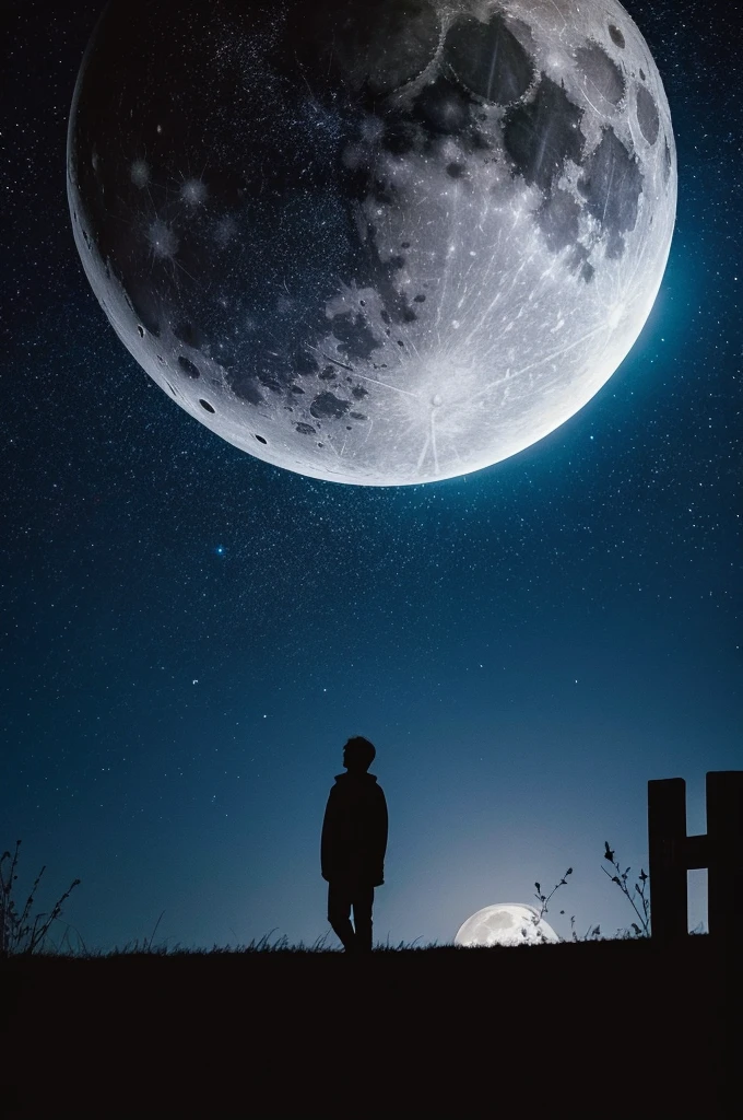 highest quality,big moon and shadow,A silhouette of a person can be seen against the background of the big moon.,There is one full moon,There is a mood,beautiful scenery,starry sky